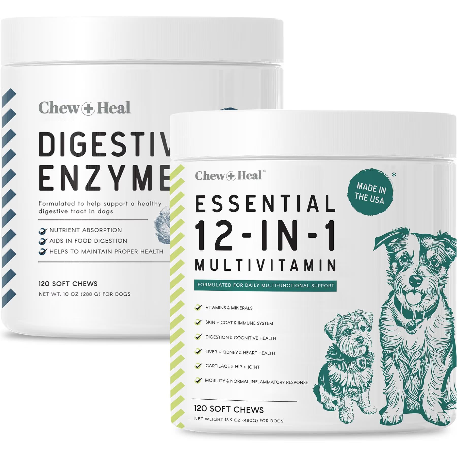 Chew + Heal Chew + Heal Essential 12-in-1 Multifunctional Support Chews Dog Supplement & Chew + Heal Digestive Enzymes Chews Dog Supplement
