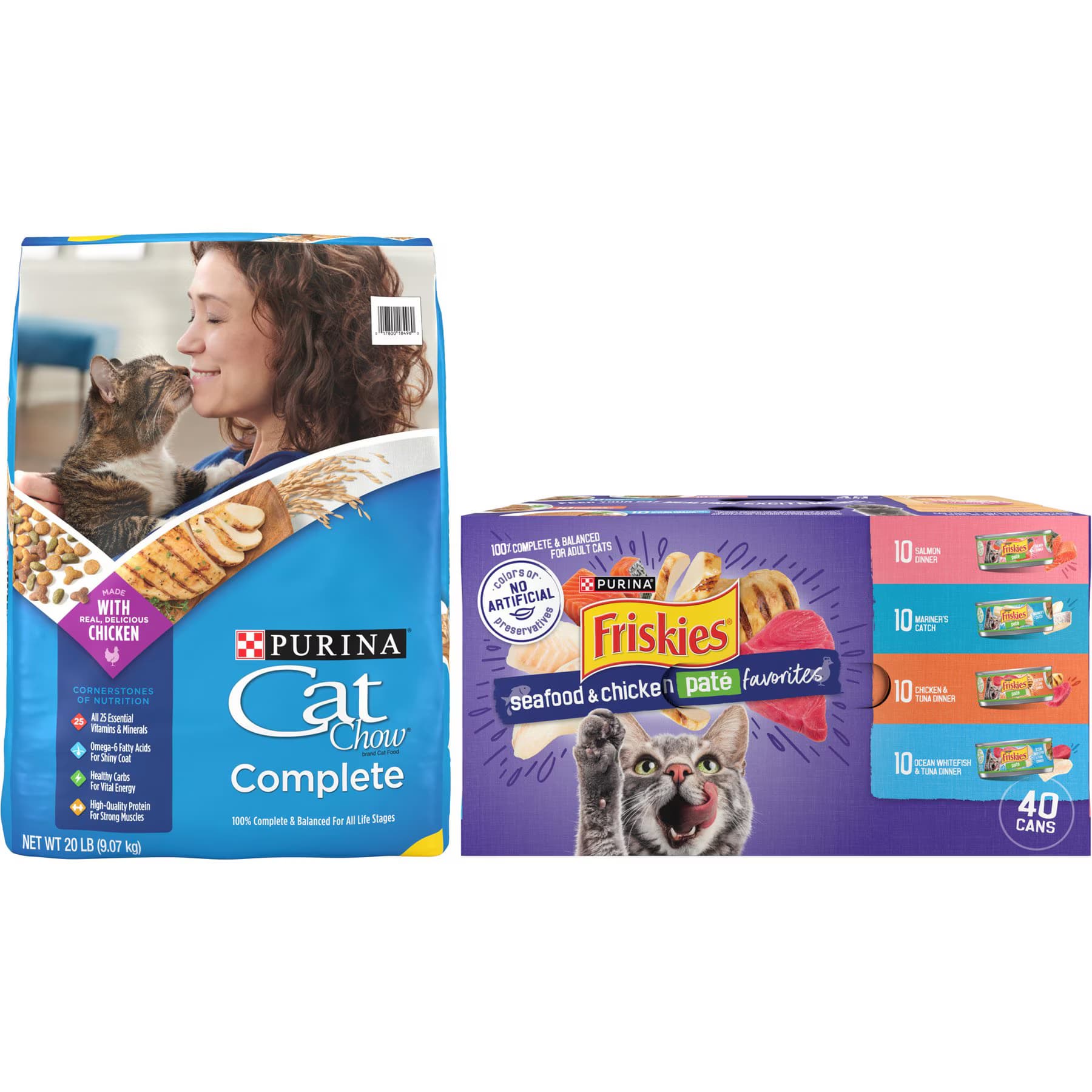 Friskies||Cat Chow Purina Friskies Seafood & Chicken Pate Favorites Variety Pack Wet Food + Cat Chow Complete Dry Cat Food