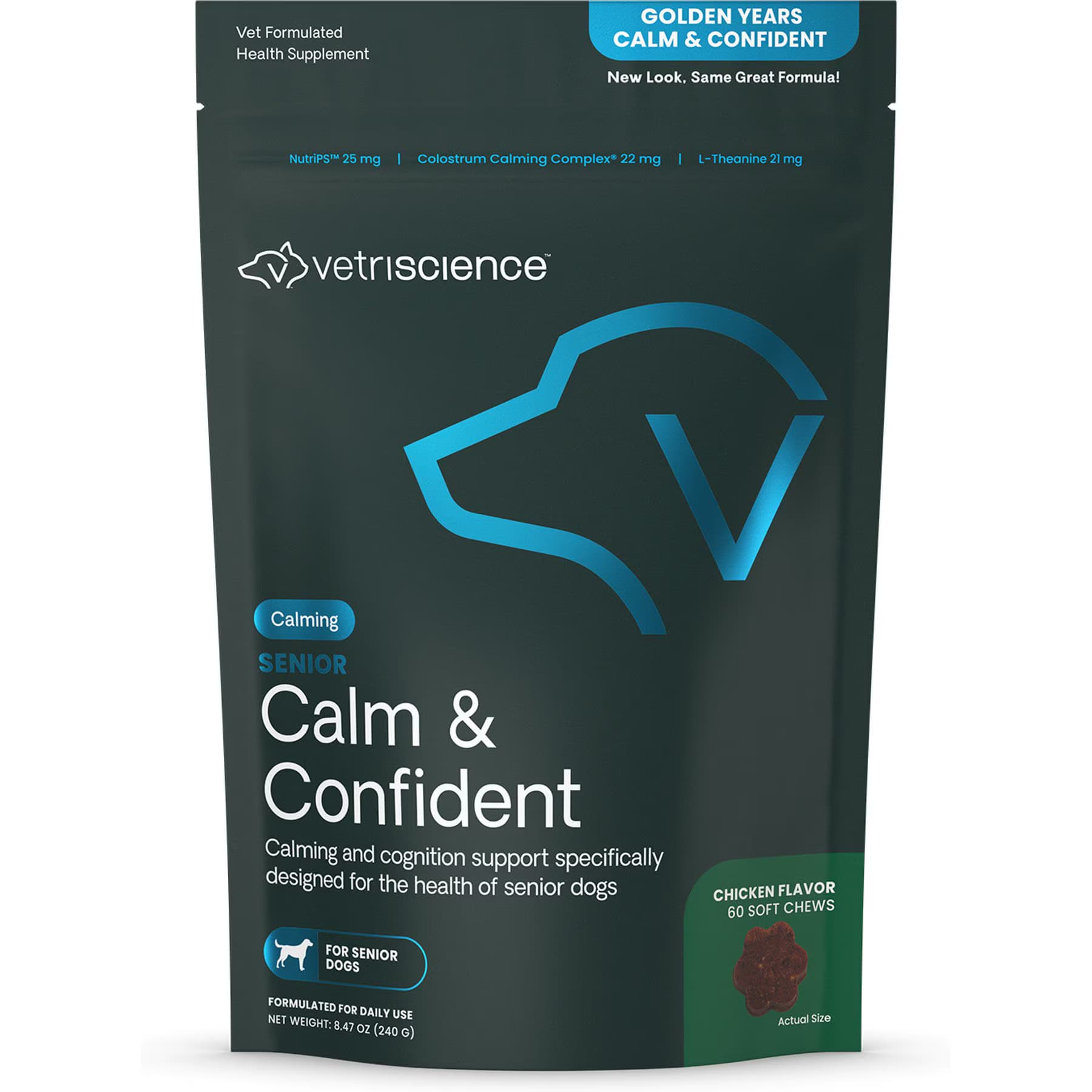 VetriScience VetriScience Golden Years Senior Calm & Confident Thunderstorms Support Chicken Flavored Chews with Colostrum Calming & Brain Health Supplement for Senior Dogs