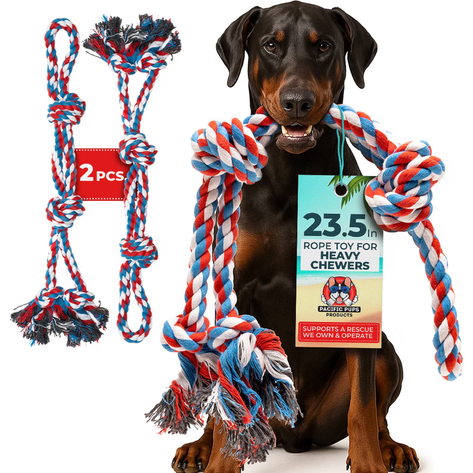 Pacific Pups Rescue Pacific Pups Rescue 3 Knots Tough Dog Rope Tug Toy, Large — Red