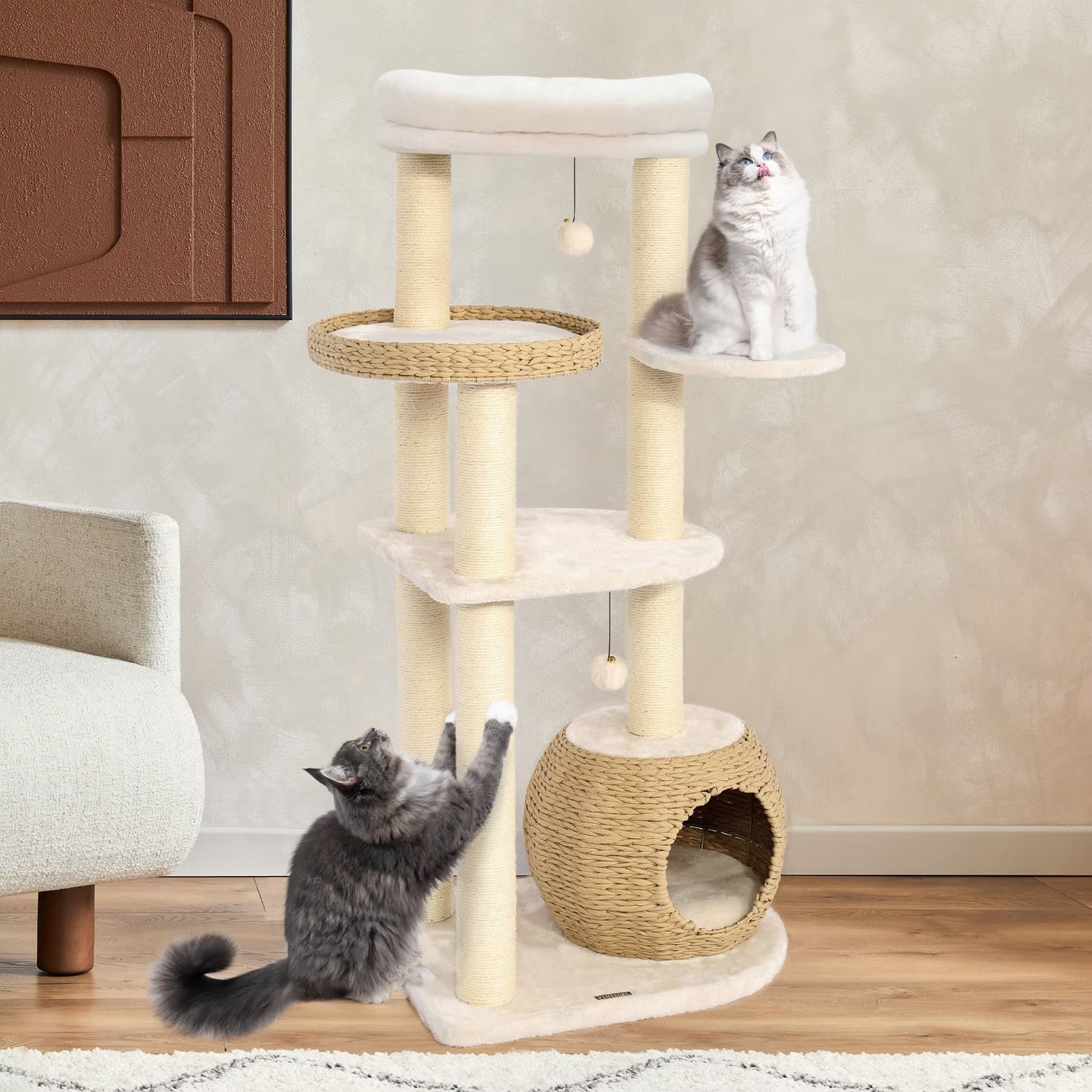 KAMABOKO KAMABOKO 53-in Indoor Natural Sisal Cat Tree with Scratching Posts, Hand-Woven Condo & Top Perch, Beige