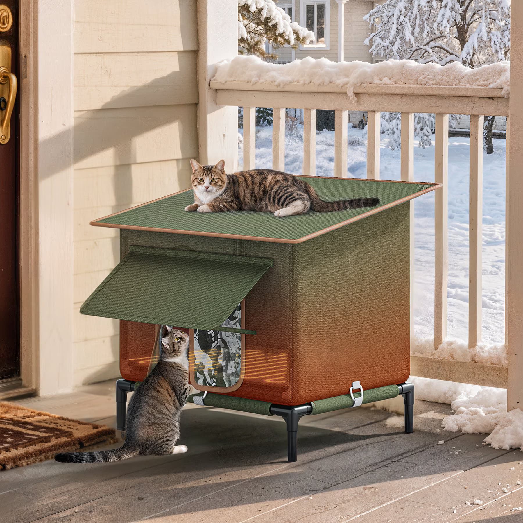 Yitahome Yitahome Winter Waterproof Nylon Outdoor Heated Cat House, Green, 16.5 x 13.8 x 18.9-in