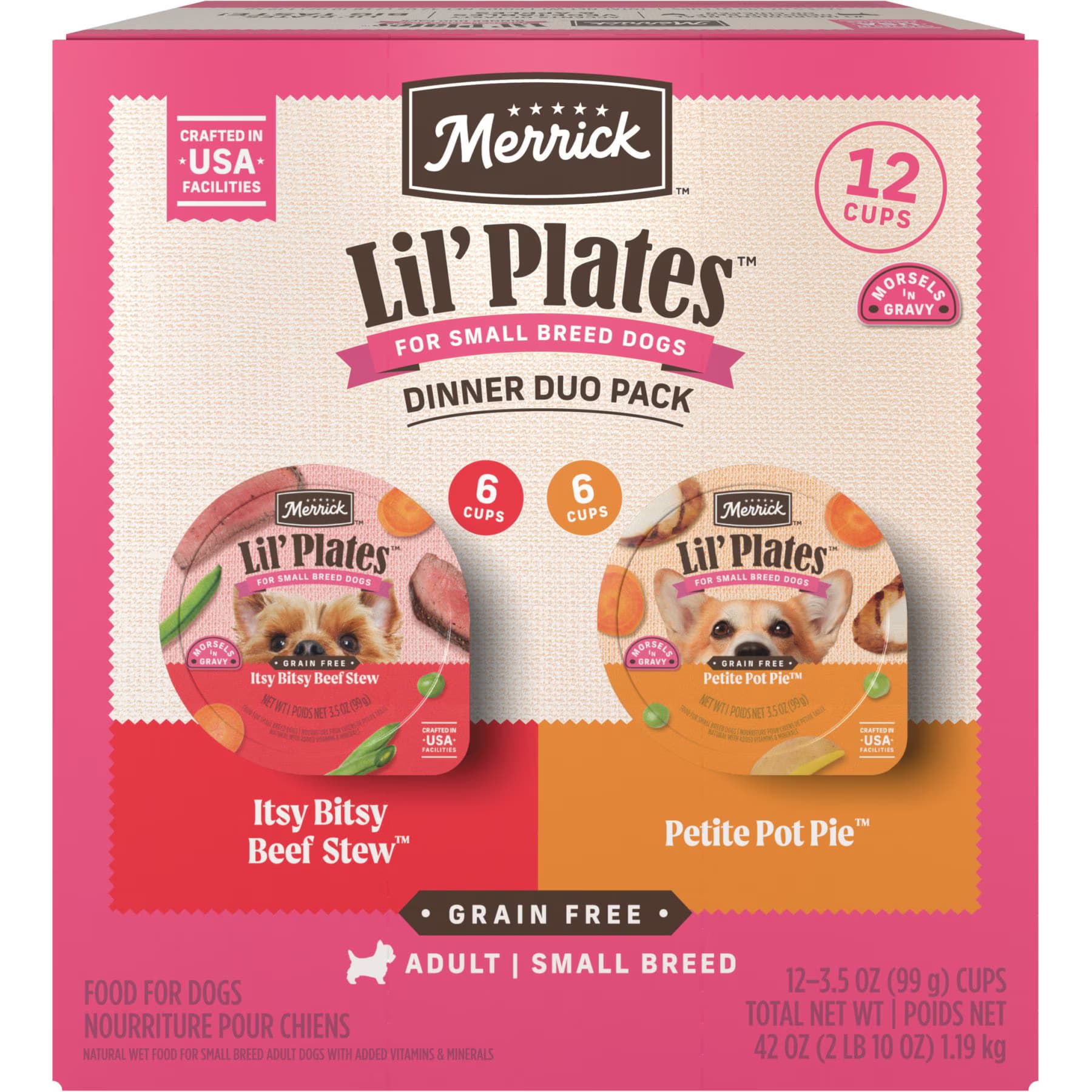 Merrick Merrick Lil’ Plates Dinner Duos Itsy Bitsy Beef Stew & Petite Pot Pie Variety Pack Grain-Free Variety Pack: Beef Stew & Pot Pie Wet Dog Food