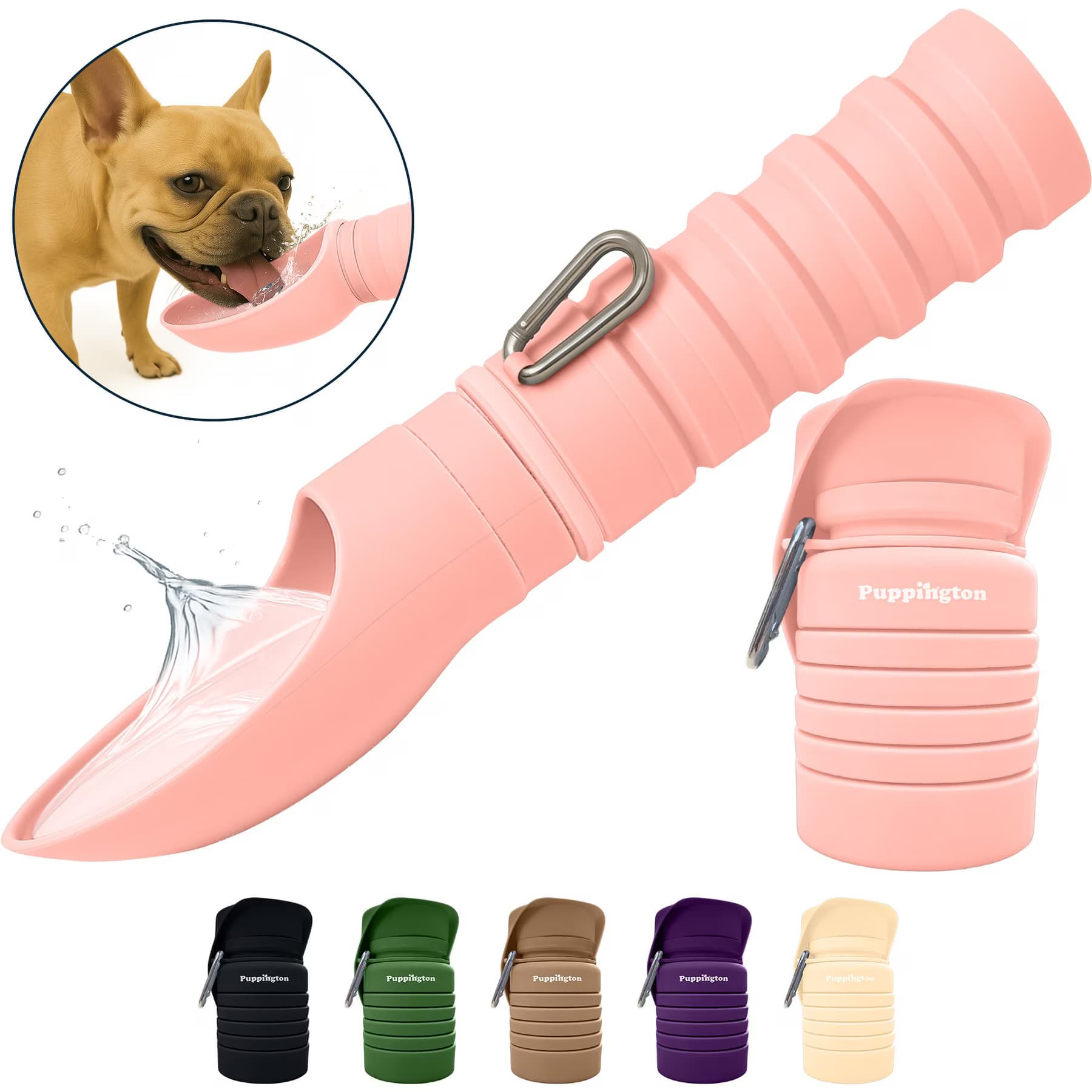 Puppington Puppington Collapsible Silicone Dog Water Bottle, 18-oz, Blush Pink