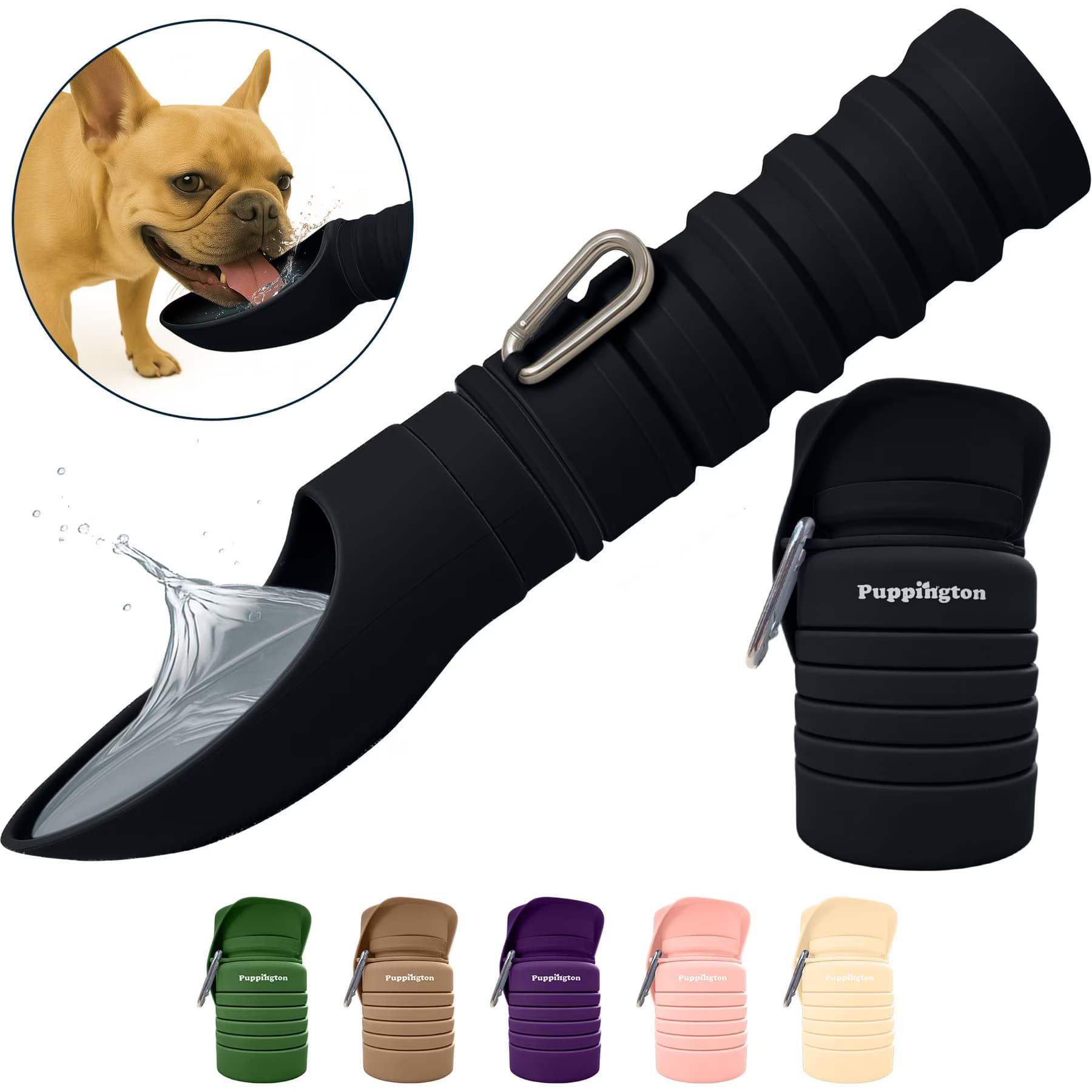 Puppington Puppington Collapsible Silicone Dog Water Bottle, 18-oz, Onyx Black
