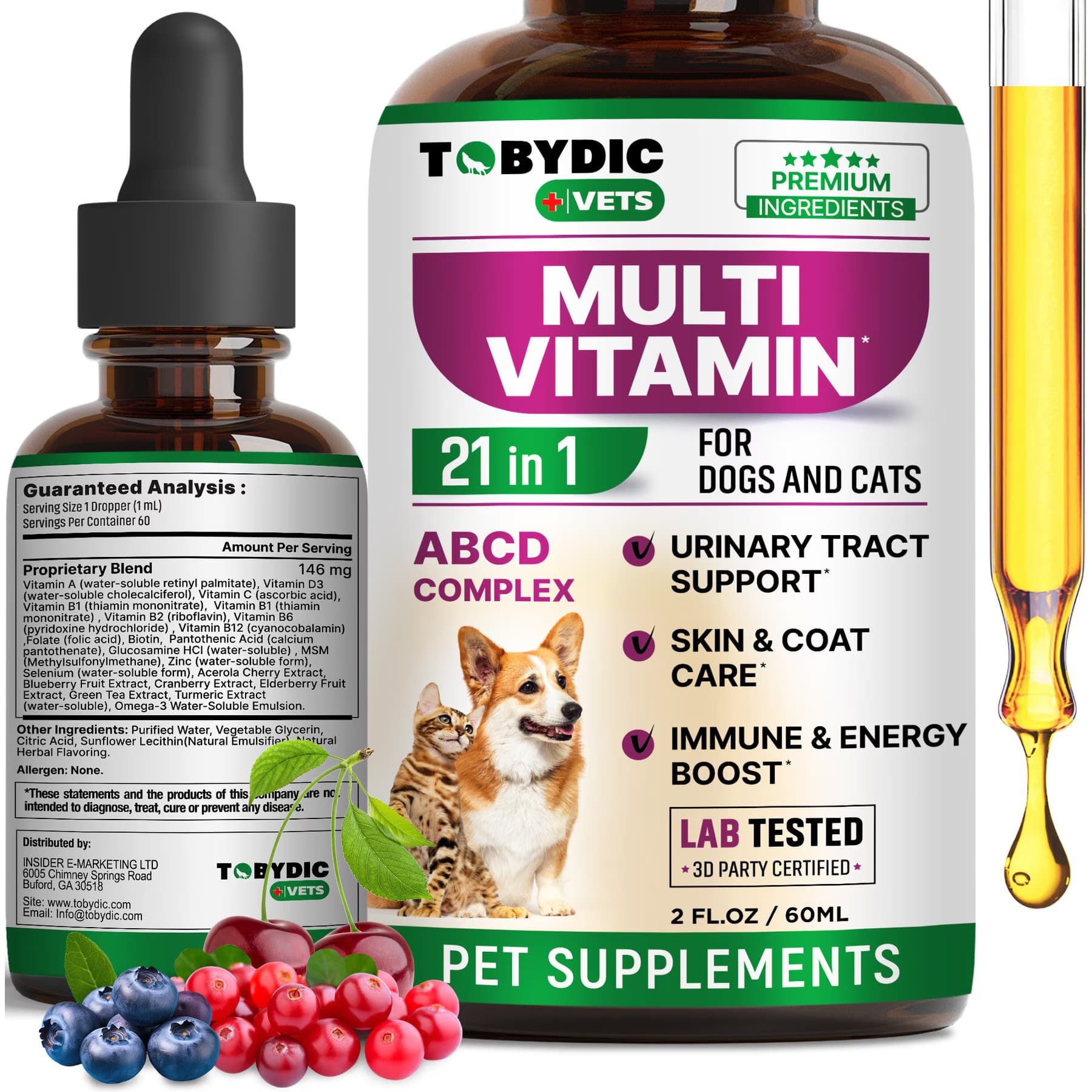 TOBYDIC TOBYDIC Multivitamin with Glucosamine & Cranberry 21 in 1 Liquid Supplement for Dogs & Cats, 60-mL bottle