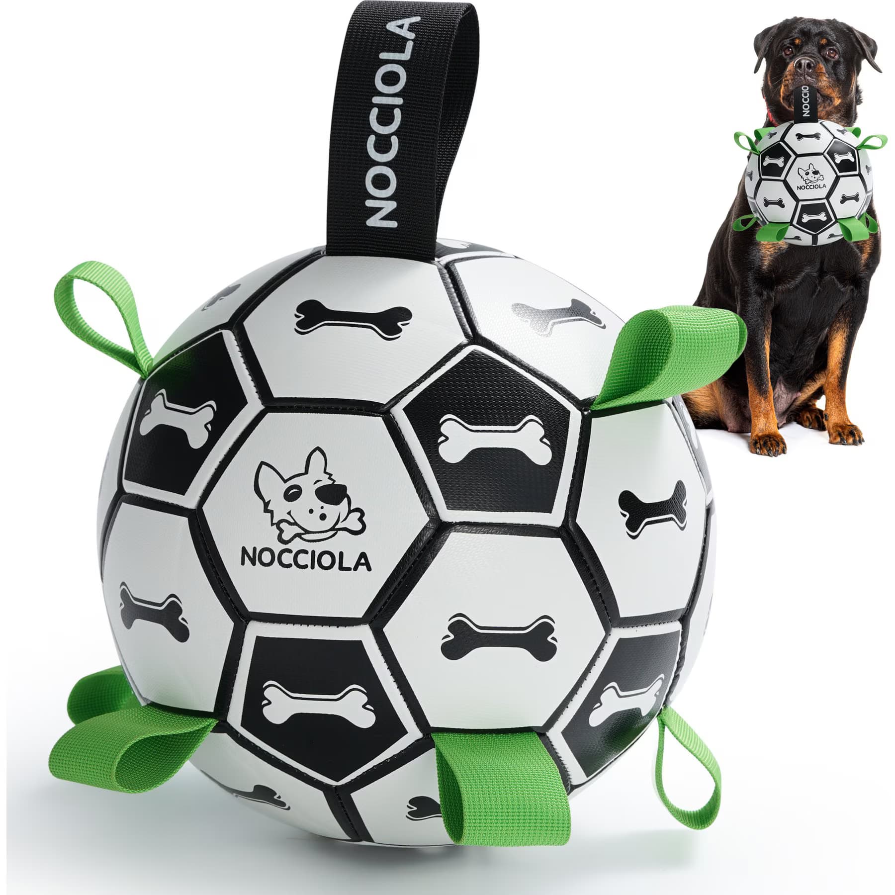Nocciola Nocciola Soccer Ball with Straps Interactive Dog Toy, Black & White, 9-in