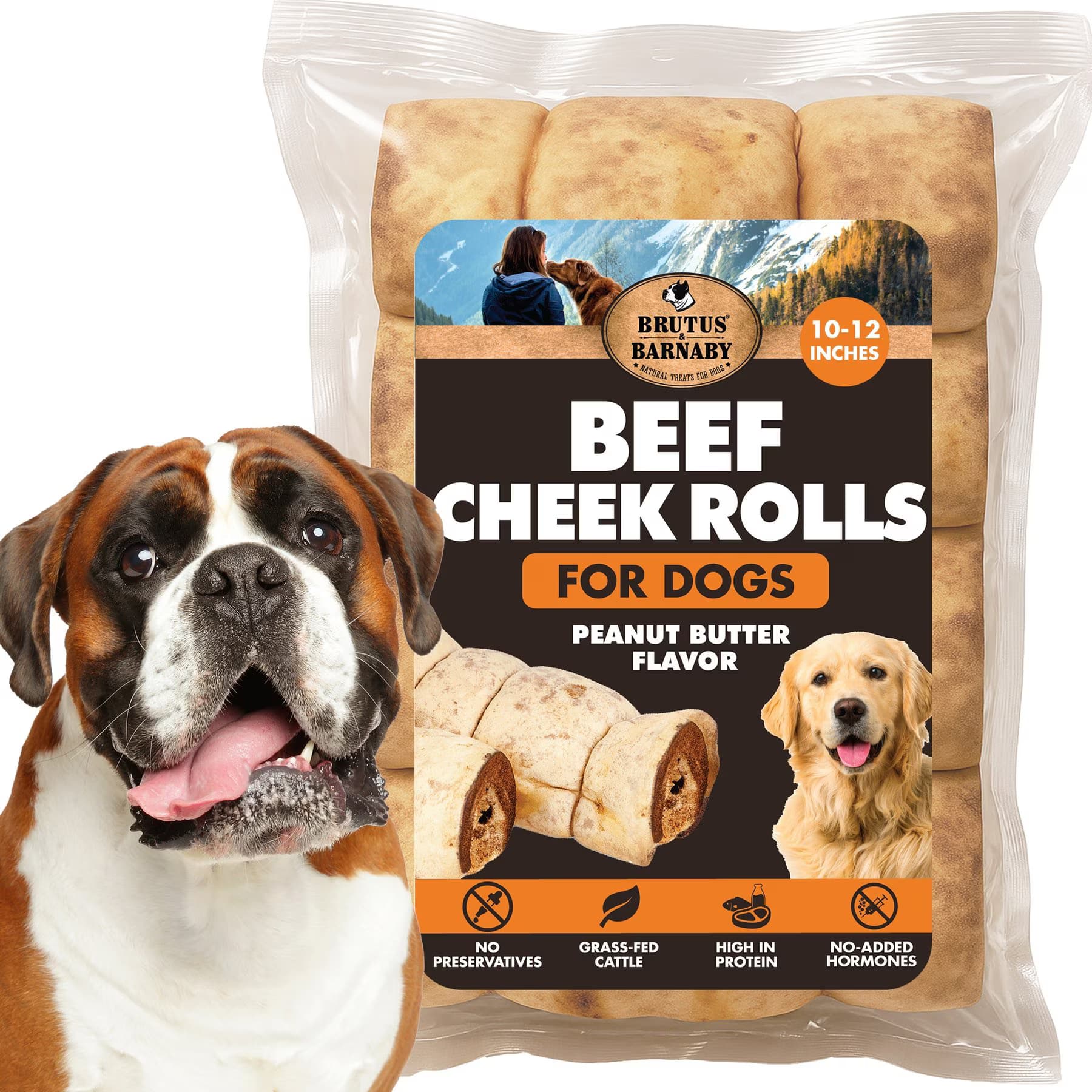 Brutus & Barnaby Brutus & Barnaby Rawhide-Free Peanut Butter Flavored Beef Cheek Rolls Long Lasting Dog Chews, 10 to 12-inch
