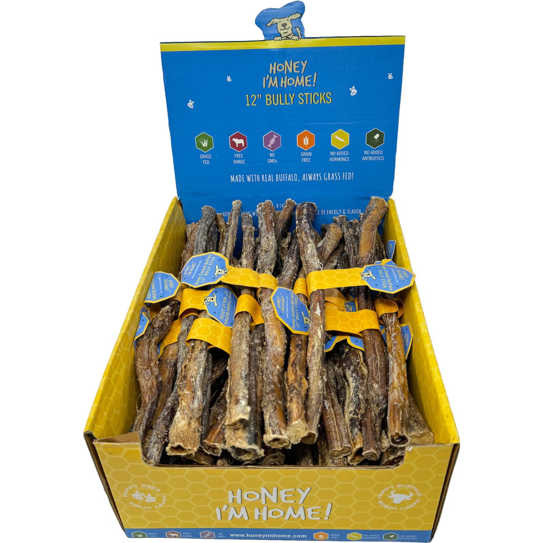 Honey I'm Home Honey I’m Home! 12-in Bully Sticks Natural Honey Coated Buffalo Chews Grain-Free Dog Treats — 12-inch