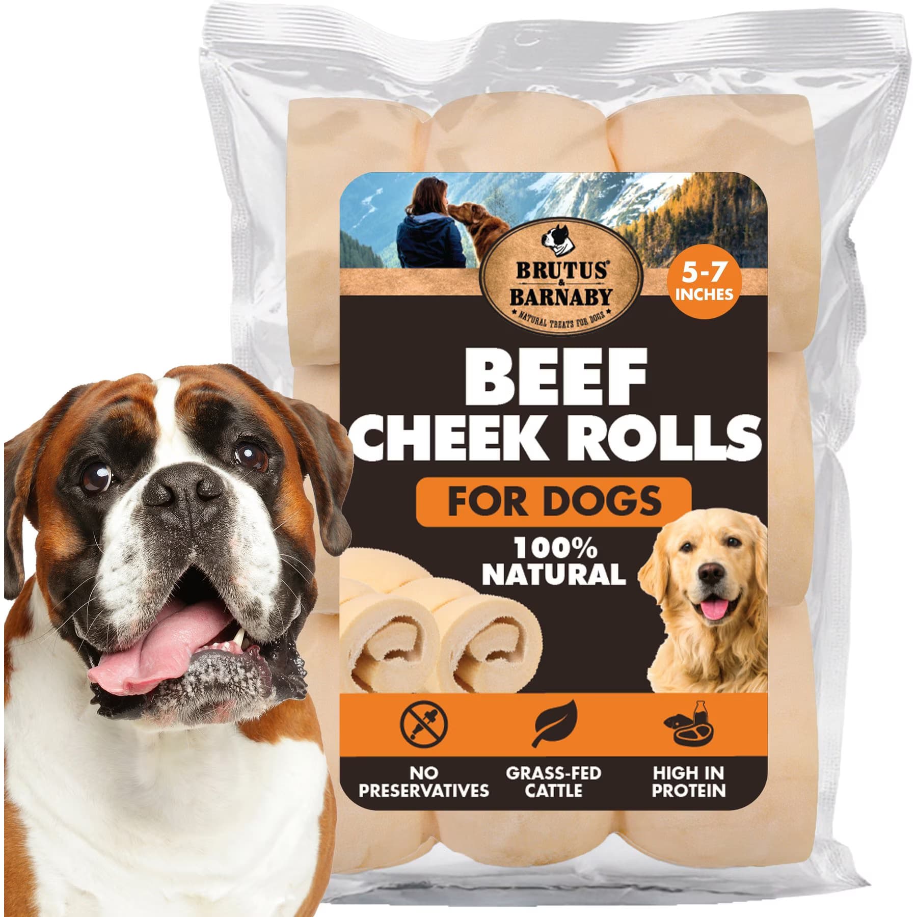 Brutus & Barnaby Brutus & Barnaby Rawhide-Free Beef Cheek Rolls Long Lasting Dog Chews, 5 to 7-inch