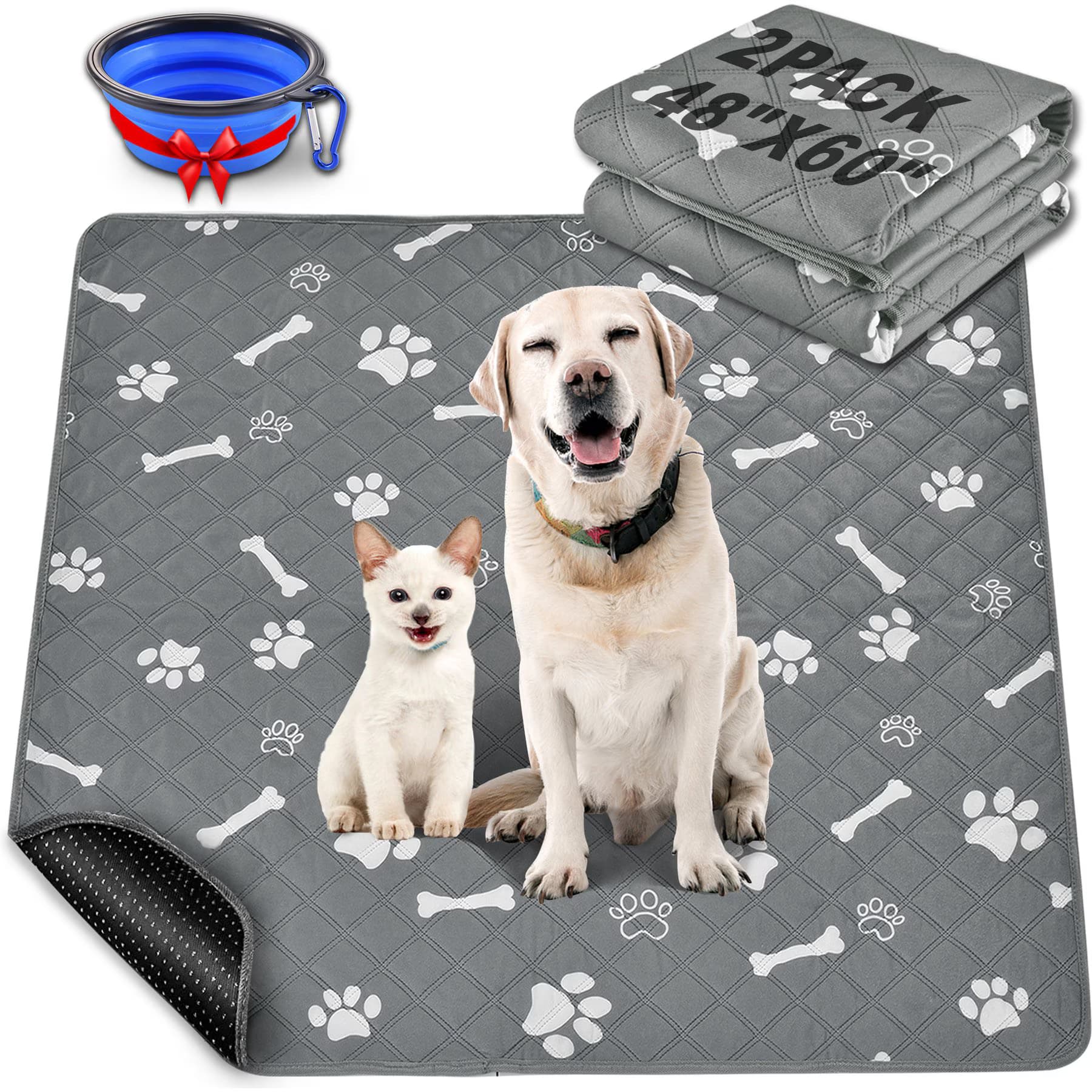 HOMAGICO Highly Absorbent Non-Slip Washable Dog Pee Pads with Dog Bowl, Gray, 35 x 40-in, 2 — view 2