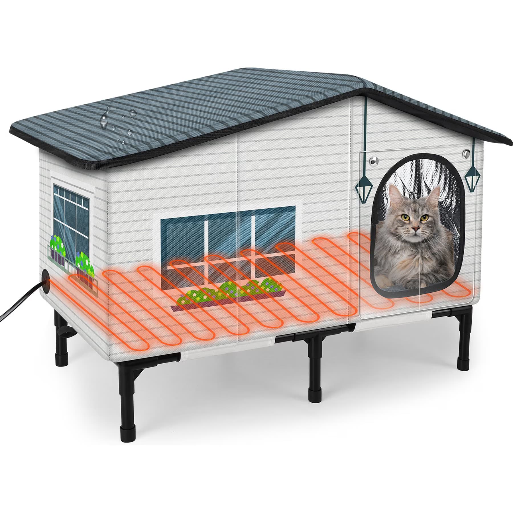 Invenho Invenho Heated Pointed Roof Outdoor Cat House with Printed Design, Grey, 25.7-in x 13.5-in
