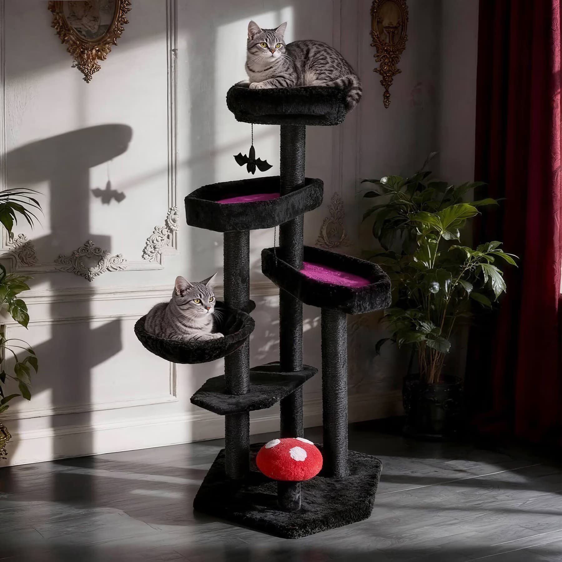 Happy & Polly Happy & Polly Multi-Level Gothic 52.6-in Fleece Cat Tree with Coffin Bed, Jumbo, Pink