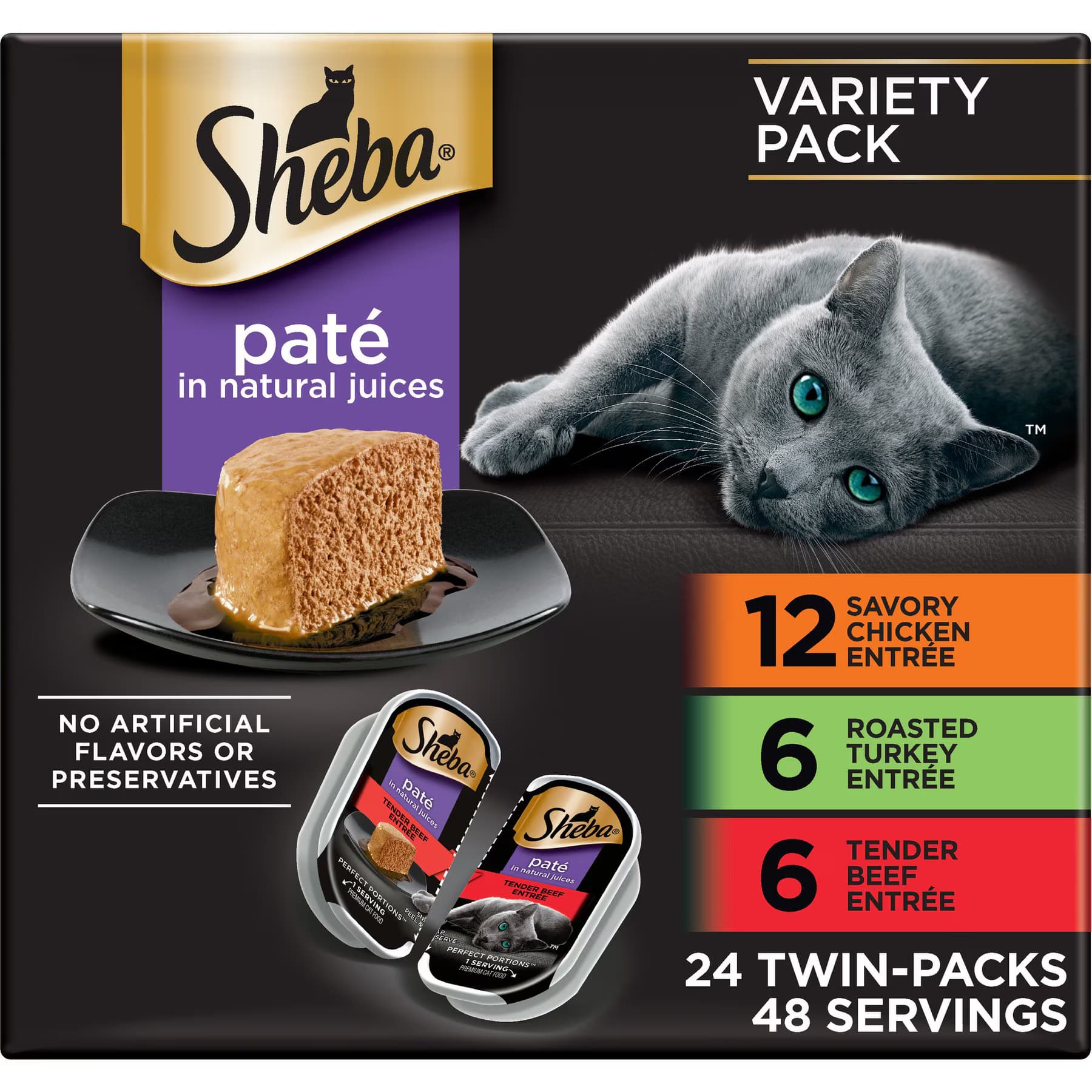 Sheba Sheba Perfect Portions Grain-Free Savory Chicken, Roasted Turkey & Tender Beef Pate Variety Pack Adult Variety Pack: Beef & Poultry Wet Cat Food Trays