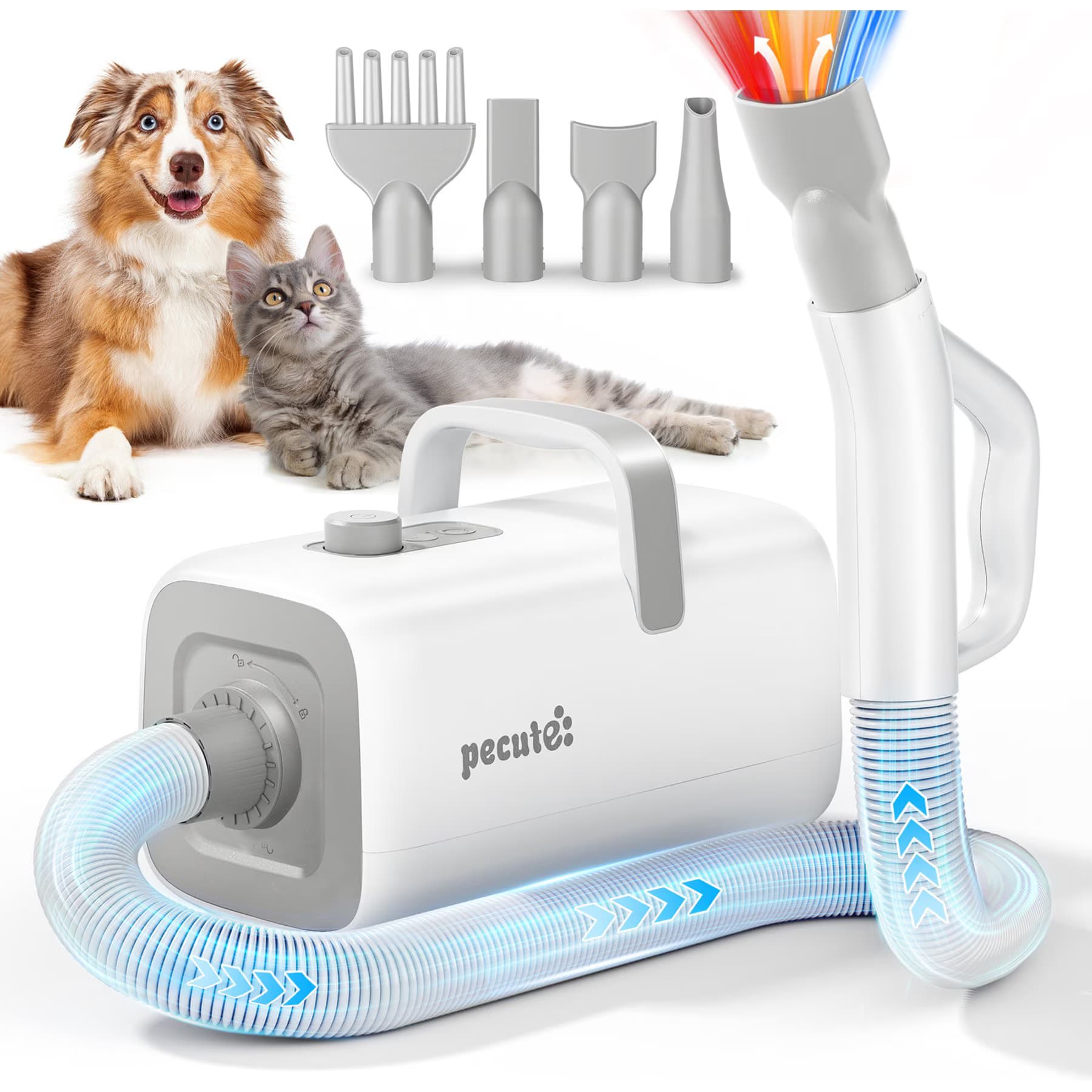 Pecute Pecute 4 Nozzle High-Velocity Adjustable Spped & Temp Dog Hair Dryer, White