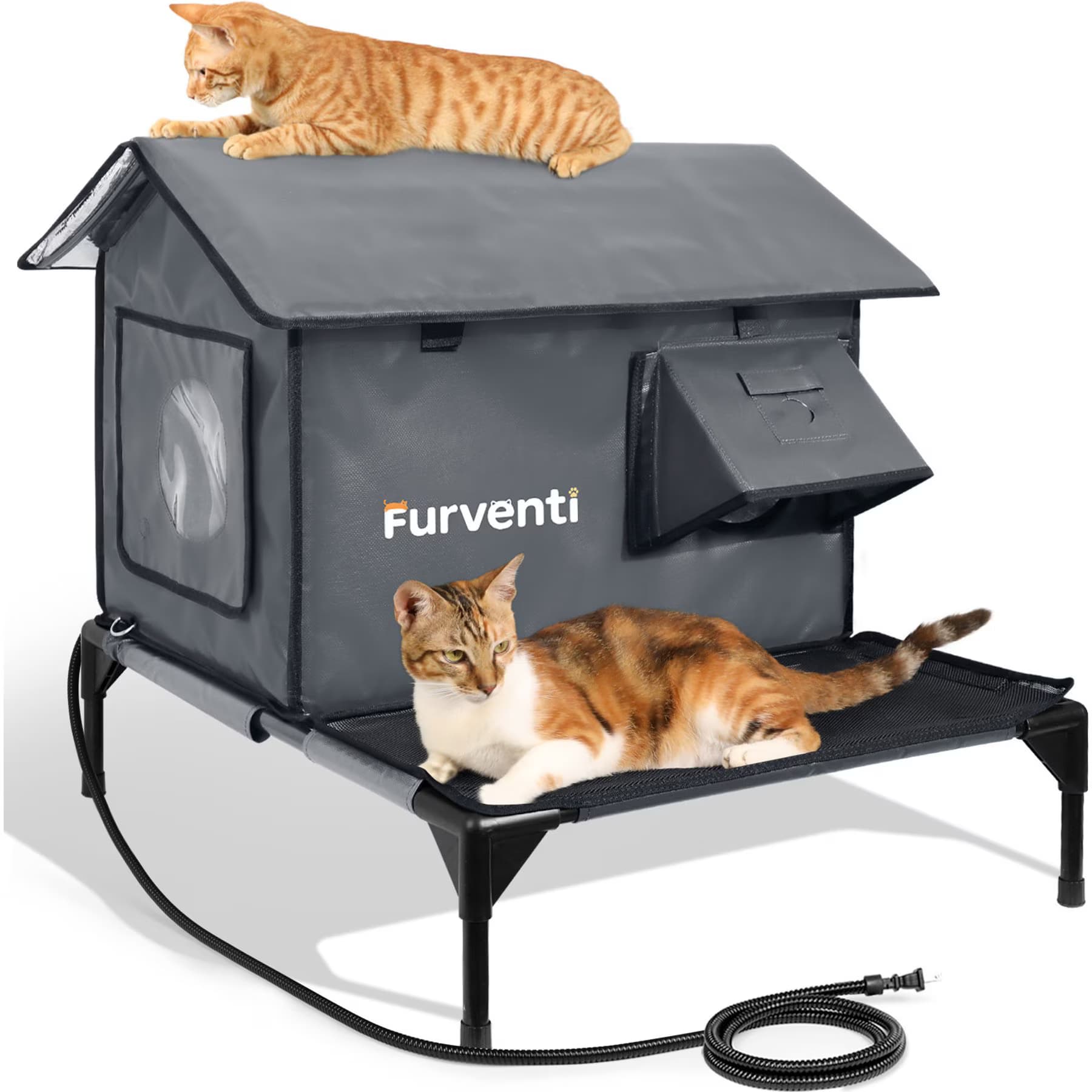 Furventi Furventi Elevated Waterproof One-Way Polyester Outdoor Heated Cat House with Roof Deck, Large, Grey