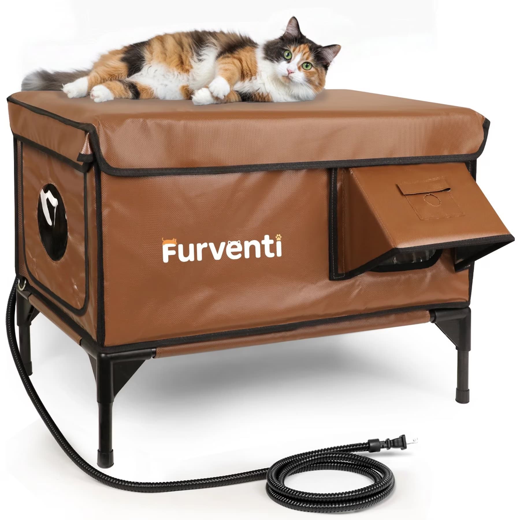 Furventi Furventi Elevated Insulated Waterproof Eaves Polyester Outdoor Heated Cat House, Brown, Large
