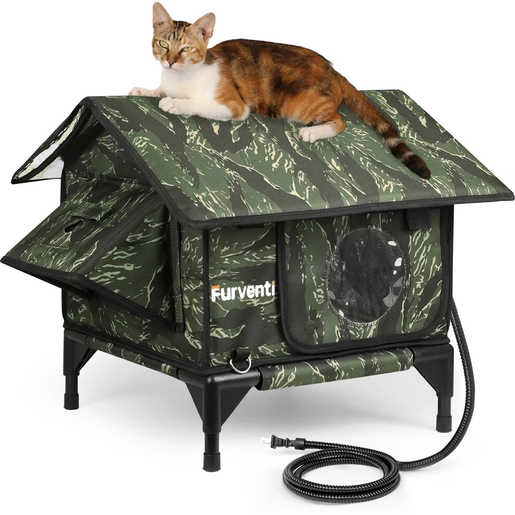 Furventi Furventi Weatherproof Insulated Heavy Duty Polyester Outdoor Heated Cat House, Brown, Small