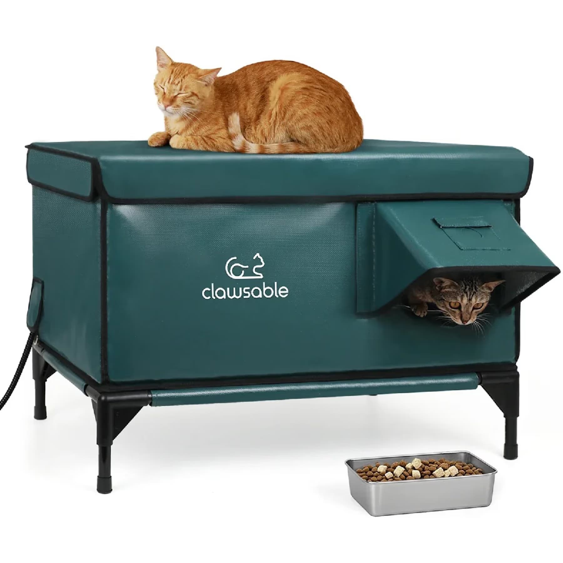 Clawsable Clawsable Polyester Outdoor XL Heated Cat House with Built-In Feeding Bowl, Dark Green, Large