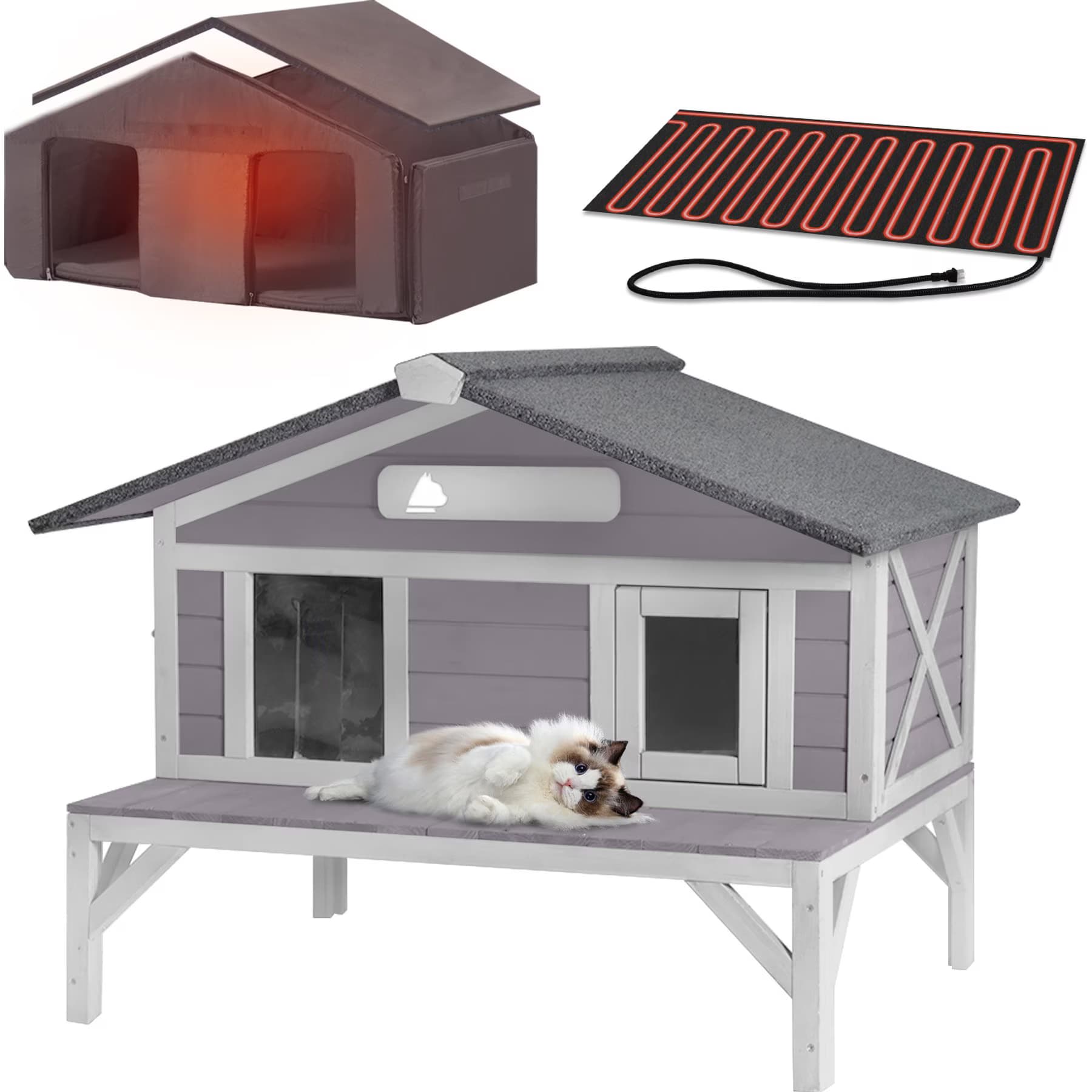 Aivituvin Aivituvin-AIR92-M-IN-HP Wooden Outdoor Heated Cat House with Insulation & Heating Pad, Medium, Gray