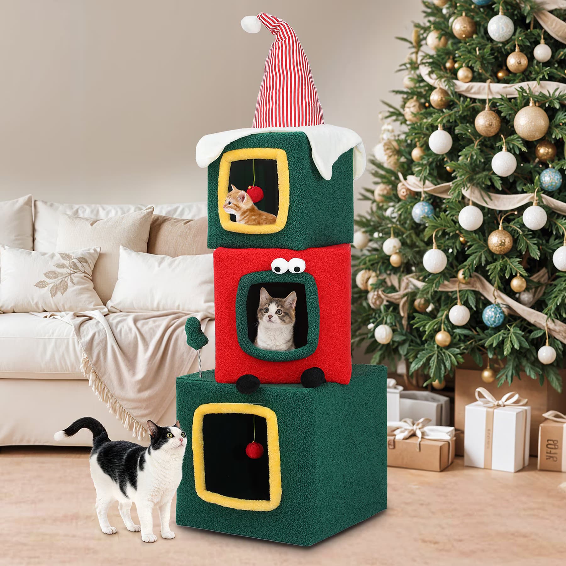 Wooflex Wooflex Christmas Play Activity Center with Plush Ball 60-in Fleece Cat Tree & Condo with House, Green