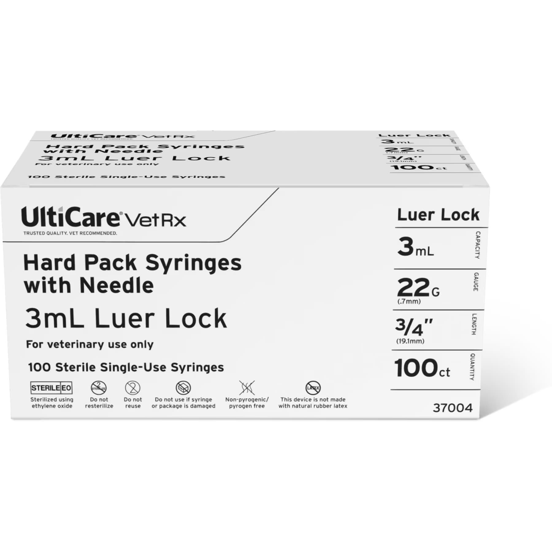 UltiCare VetRx UltiCare VetRx Syringes, 3 mL x 22G x 19.5mm (3/4"), Luer Lock, Hard Pack Syringe/Needle Combo, 100 Syringes — 3-cc — 3/4 in