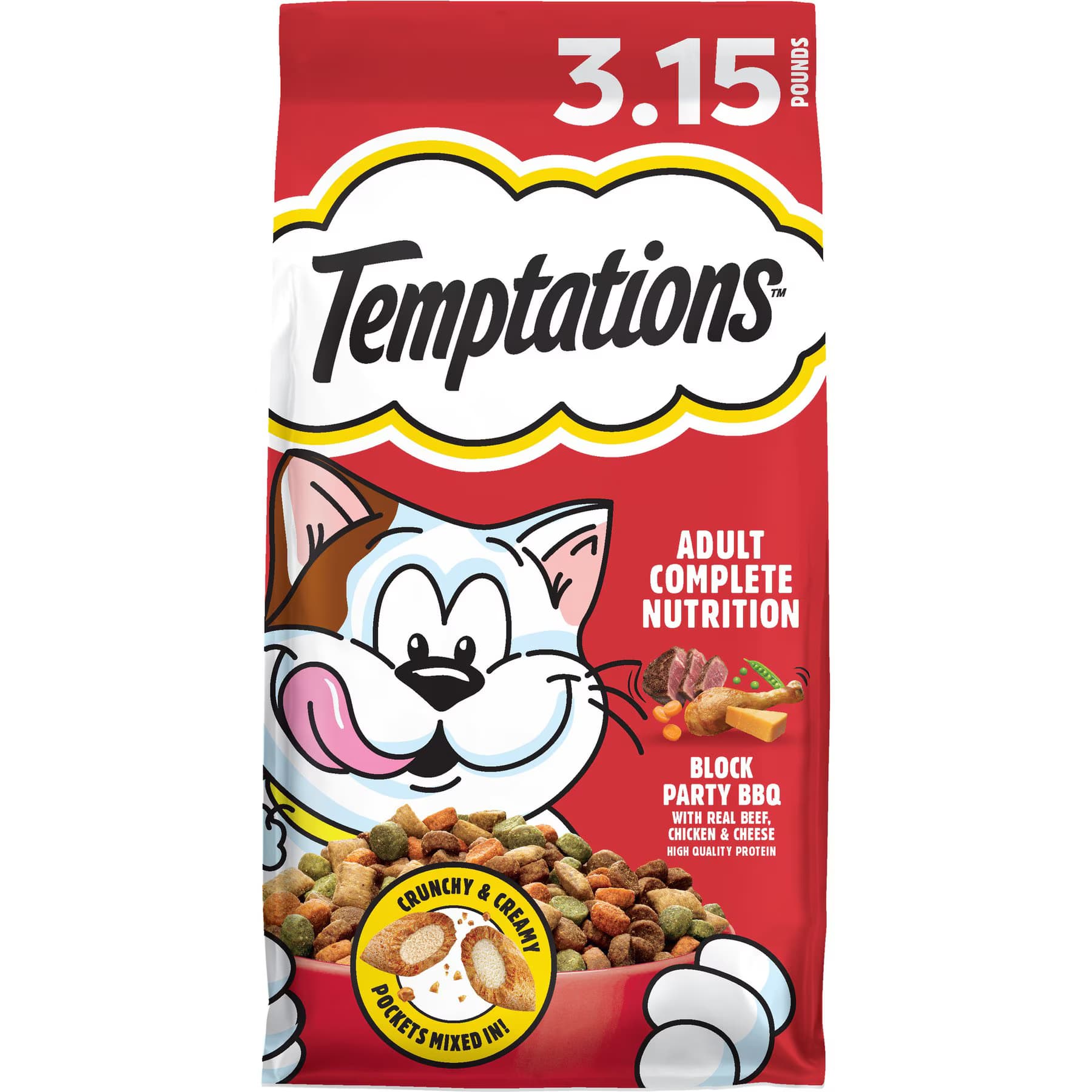 Temptations Temptations Beef, Chicken, & Cheese BBQ Flavor Adult Block Party BBQ Dry Cat Food, 27-lb bundle