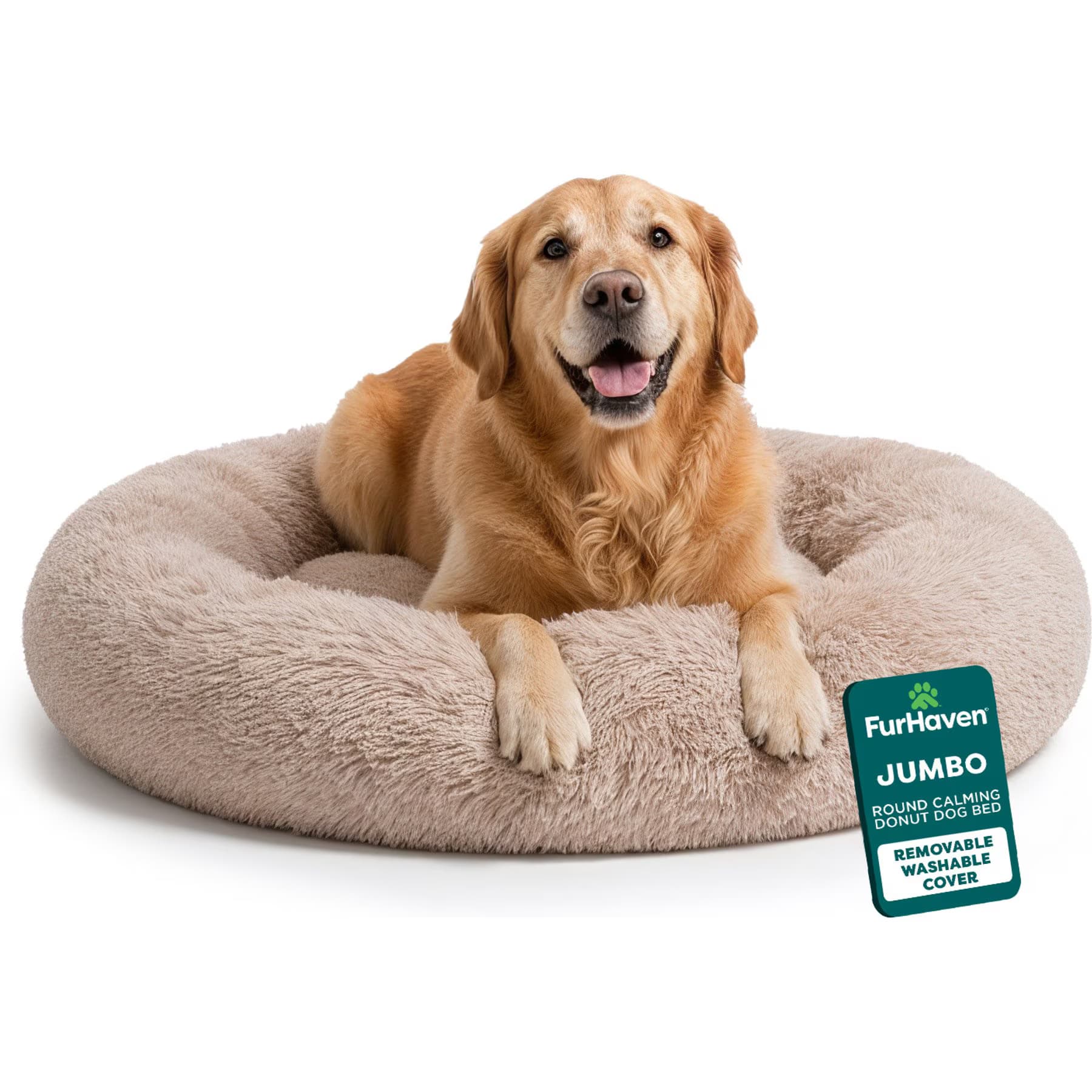 FurHaven FurHaven Calming Cuddler Long Fur Donut Bolster Dog Bed, Taupe, Medium