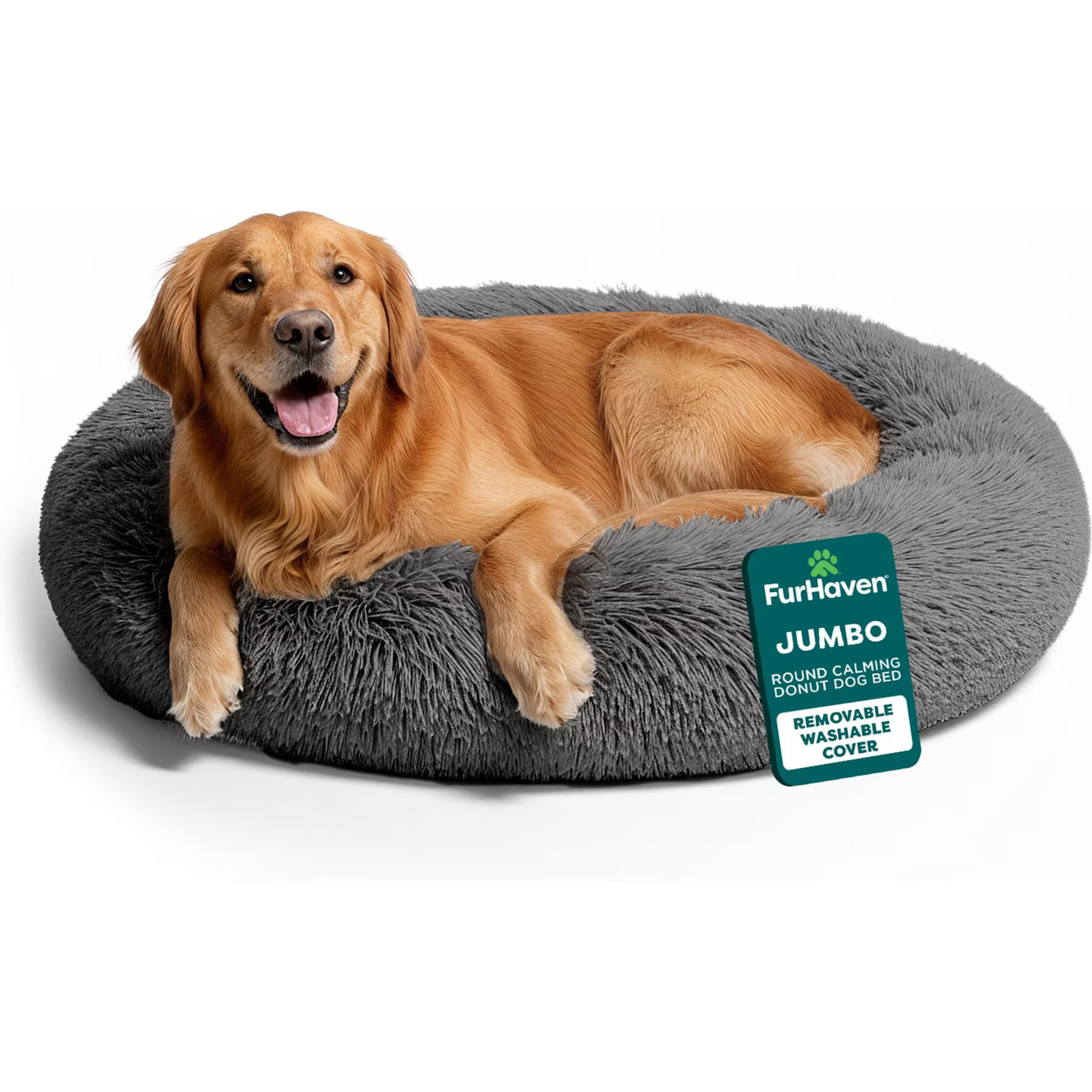 FurHaven FurHaven Calming Cuddler Long Fur Donut Bolster Dog Bed, Gray, Medium