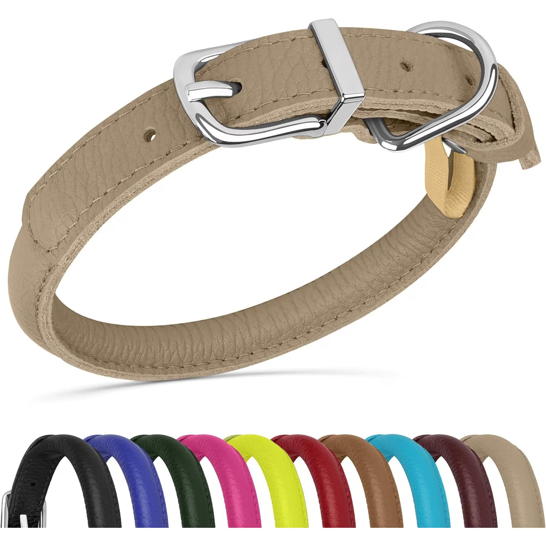 OOPSDOGGY OOPSDOGGY Soft Rolled Leather Dog Collar, Beige, XX-Large: 20 to 24-in neck, 3/4-in wide