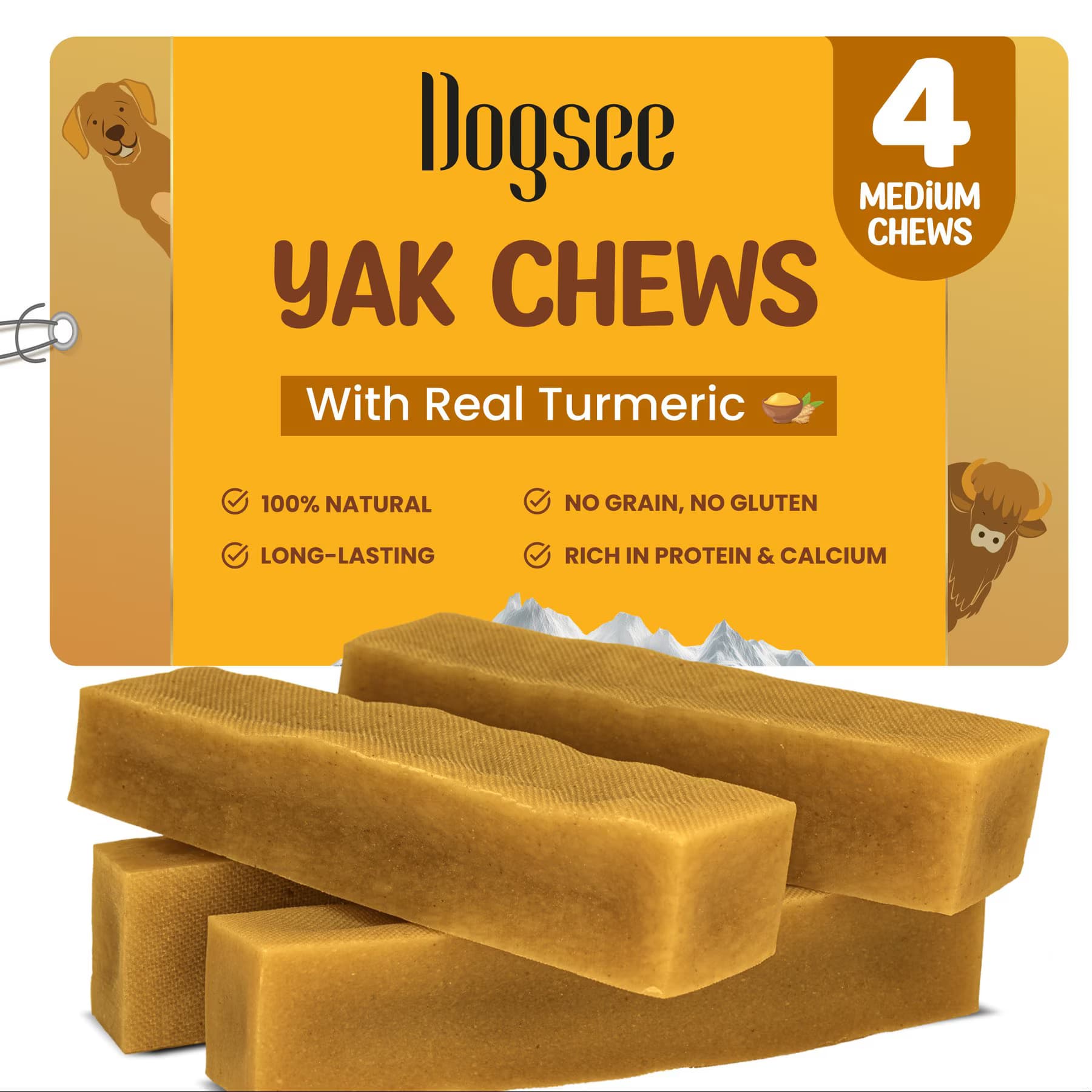 Dogsee Dogsee Himalayan Yak Cheese with Turmeric/Curcumin Dog Chew Treats, Medium