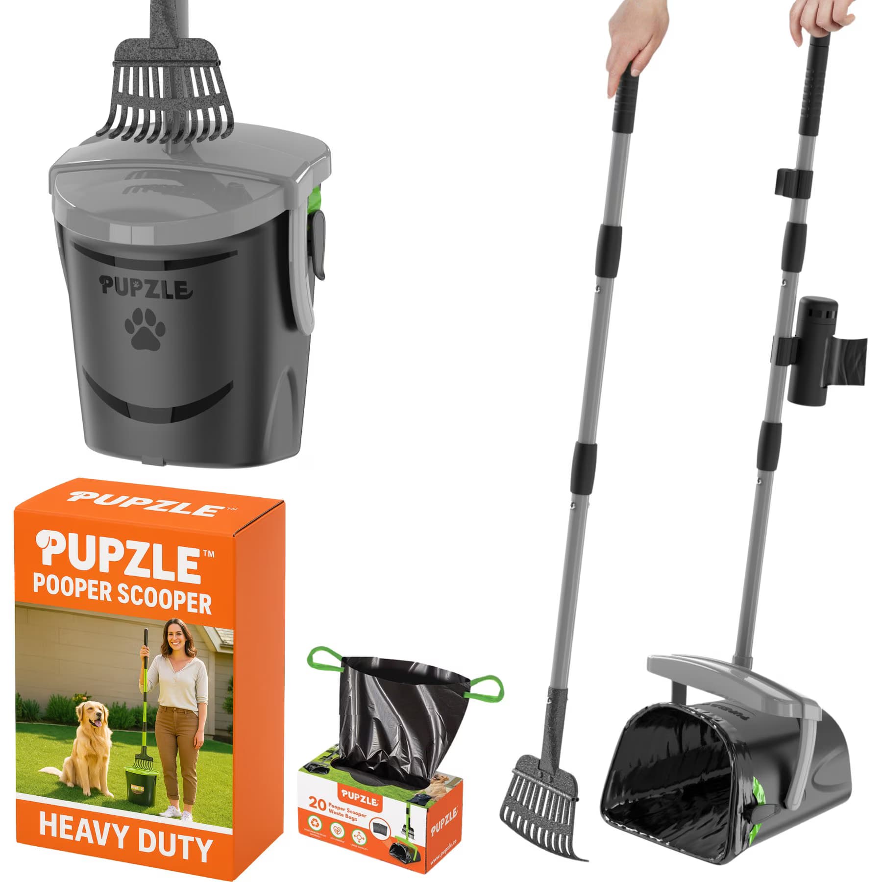 Pupzle Pupzle Dog Pooper Scooper with Bag Attachment, Lavender Scented, Grey, 25 Refill bags