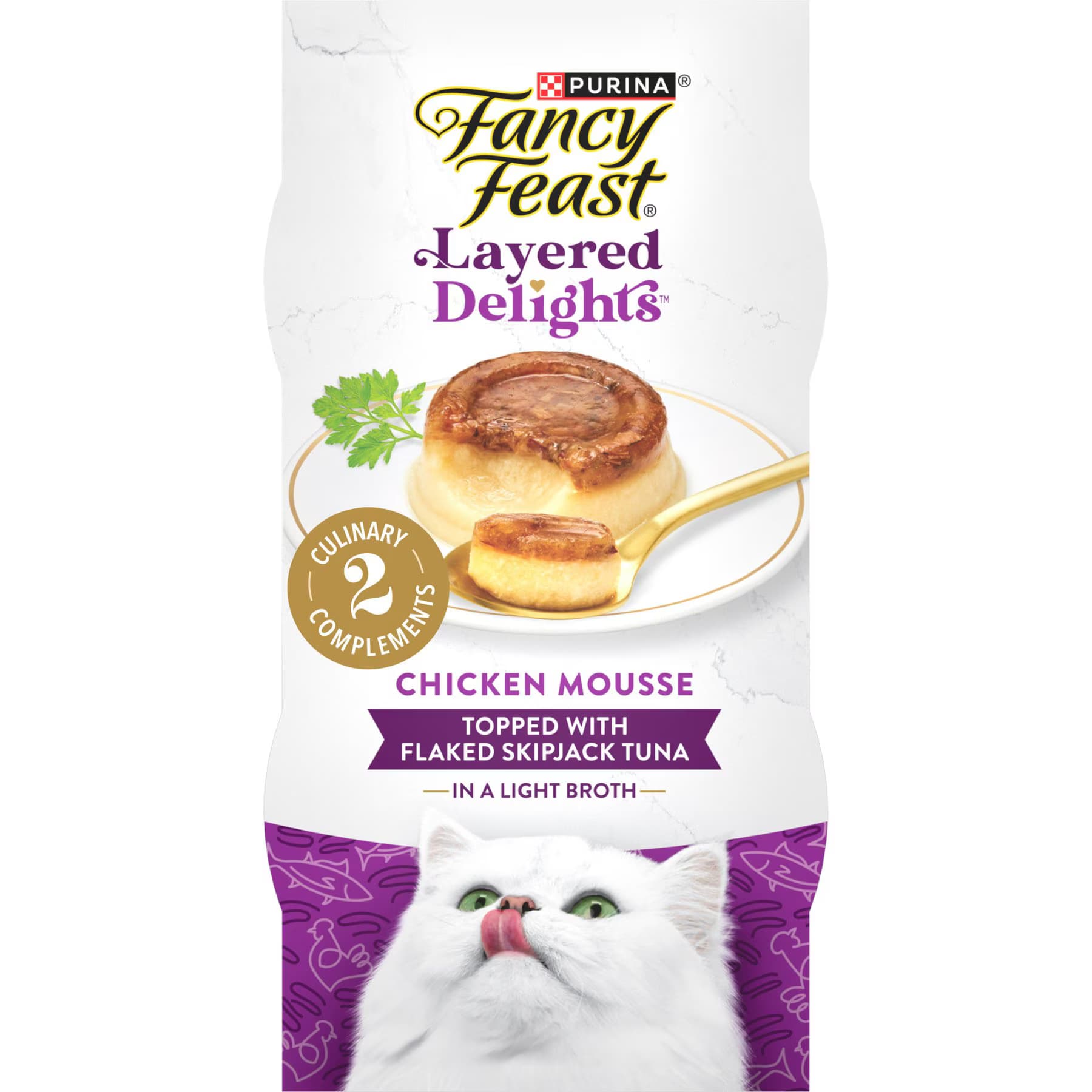 Fancy Feast Fancy Feast Layered Delights Chicken Mousse Topped with Flaked Skipjack Tuna Lickable Cat Treats — Chicken Mousse with Skipjack