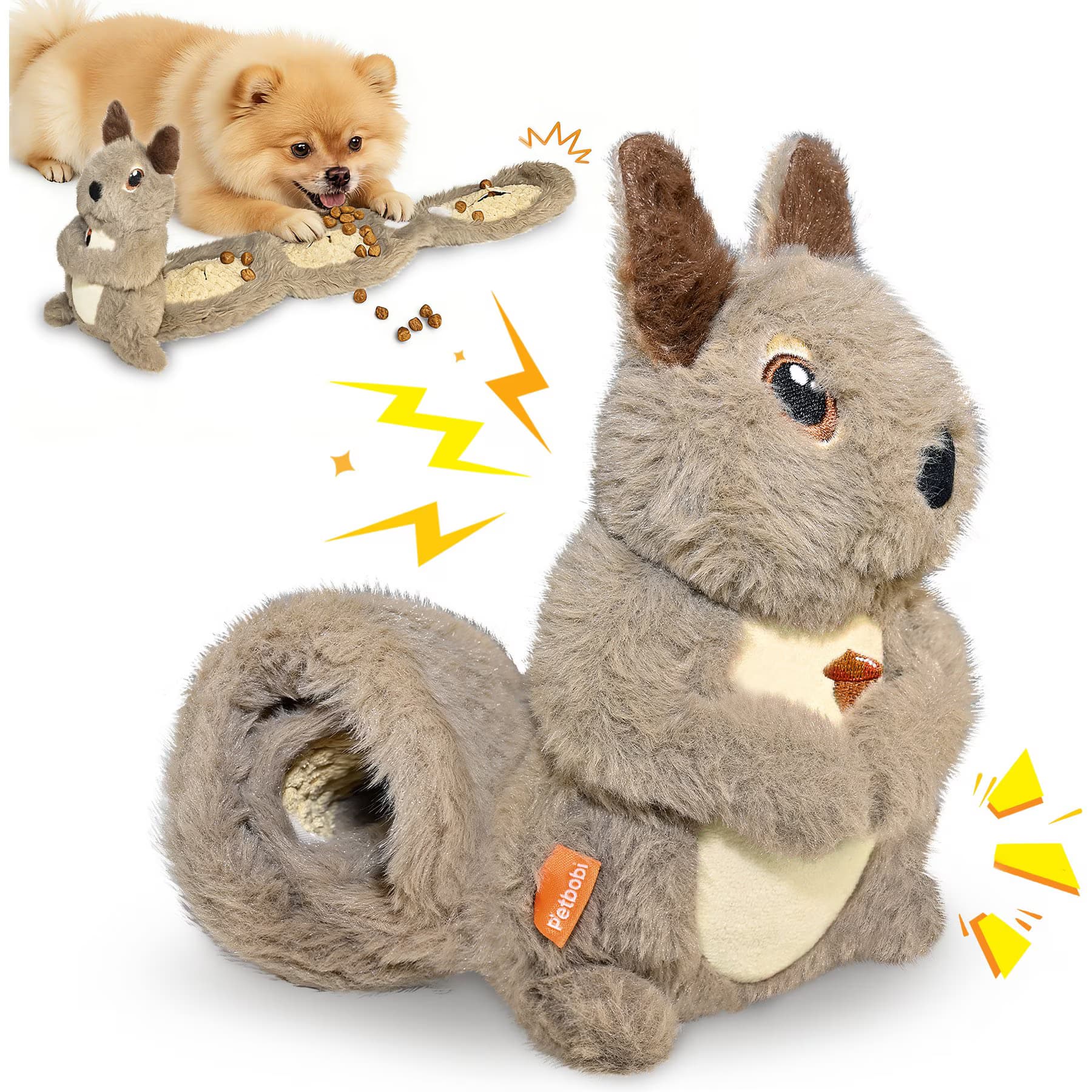 Petbobi Petbobi Interactive Enrichment Puzzle Squirrel Squeaky Plush Dog Toy with Treat Pockets, Gray