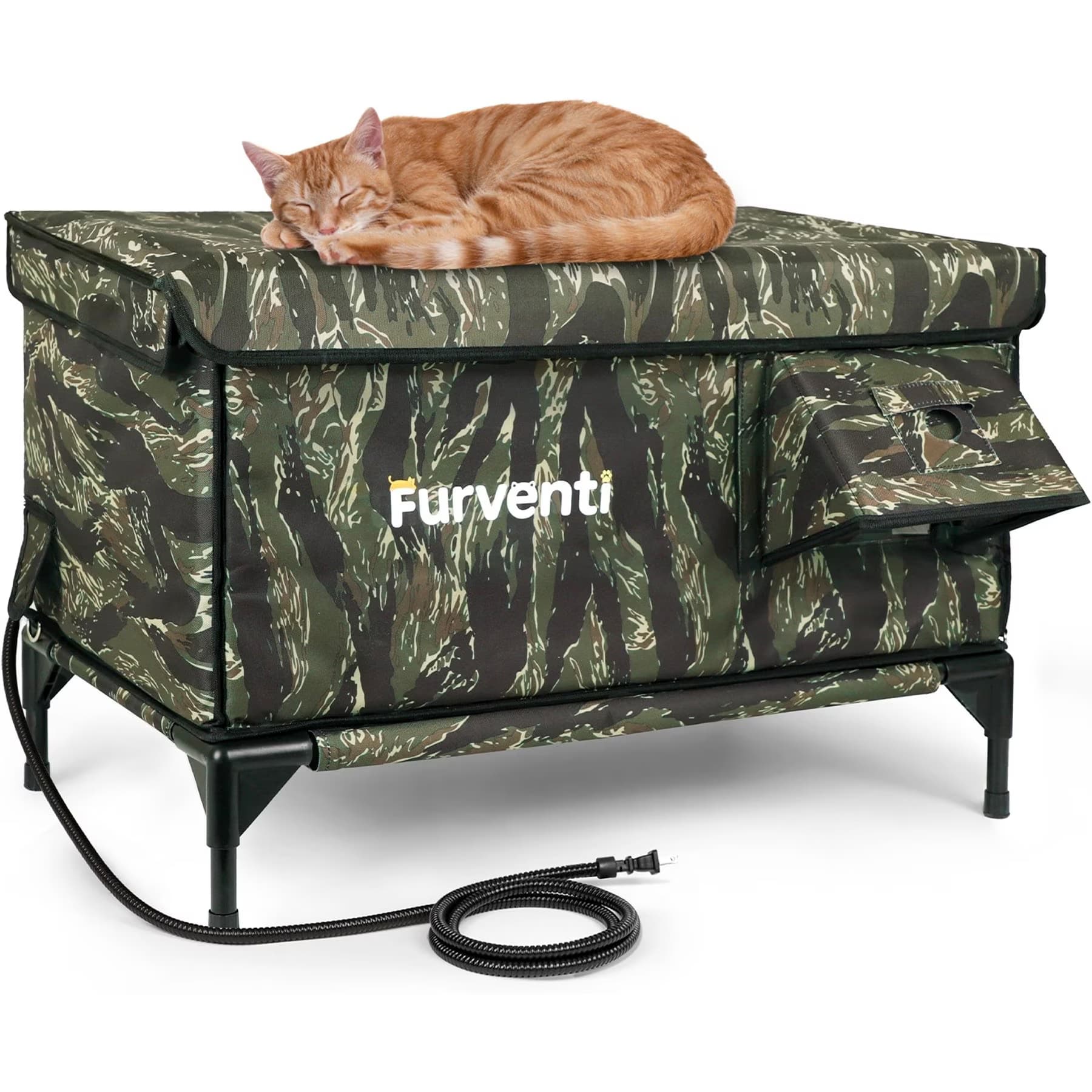 Furventi Furventi Flagship Eco-Friendly Waterproof Multi-Exit Polyester Outdoor Heated Cat House, Tiger Camouflage, Large