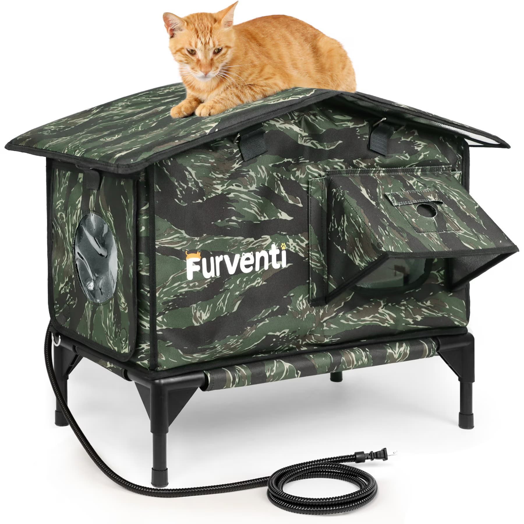 Furventi Furventi Elevated Triangular Roof Waterproof Eaves Polyester Outdoor Heated Cat House, Brown, Large