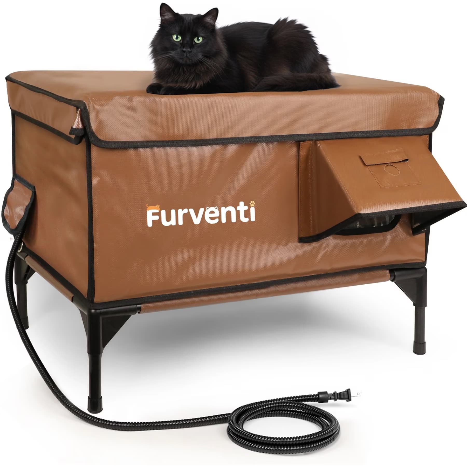 Furventi Furventi Elevated Foam Panel Eco-Friendly, Waterproof Roof Polyester Outdoor Heated Cat House, Brown, Large