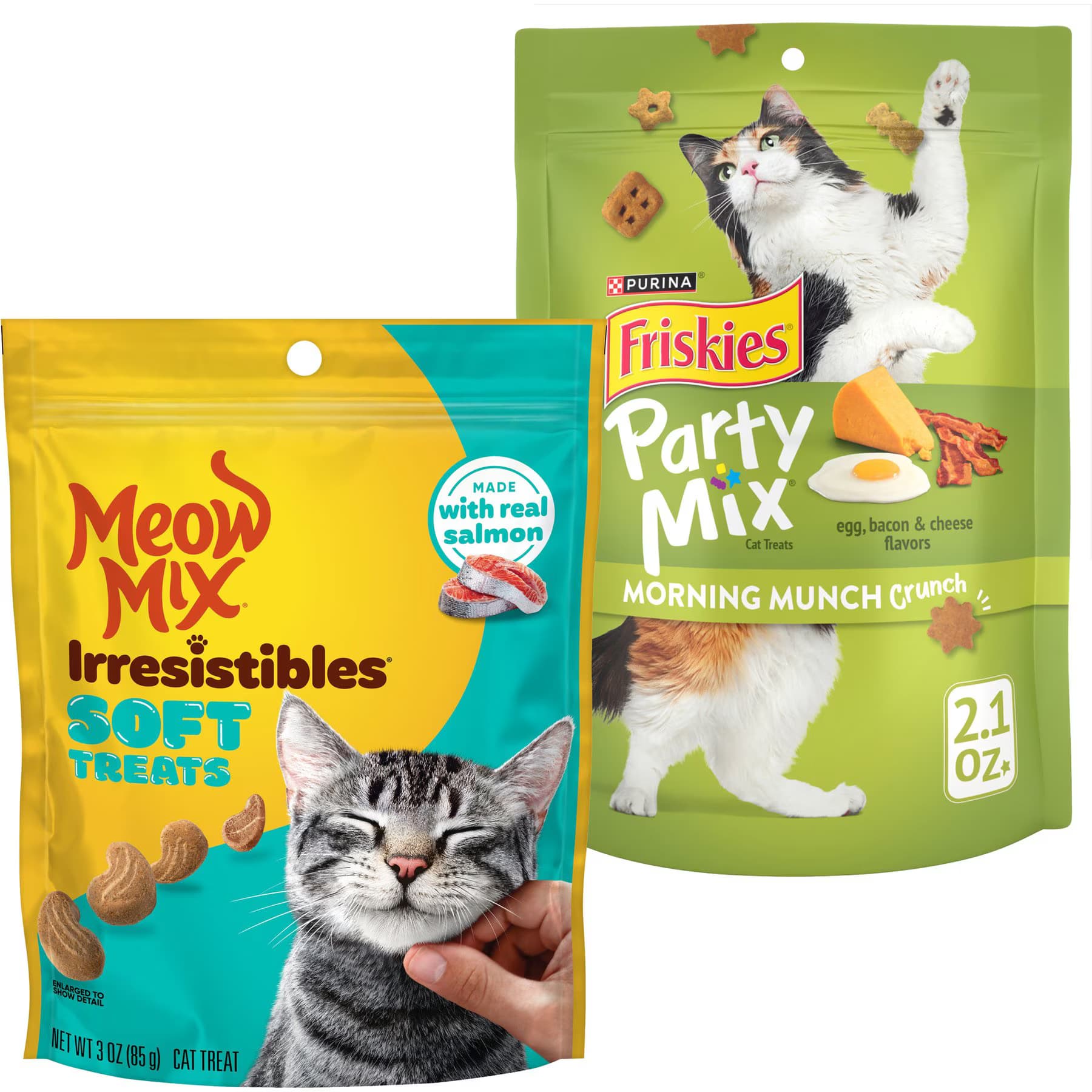 Friskies||Meow Mix Meow Mix Irresistibles Soft Salmon + Friskies Party Mix Morning Munch Crunch Flavor Crunchy Cat Treats