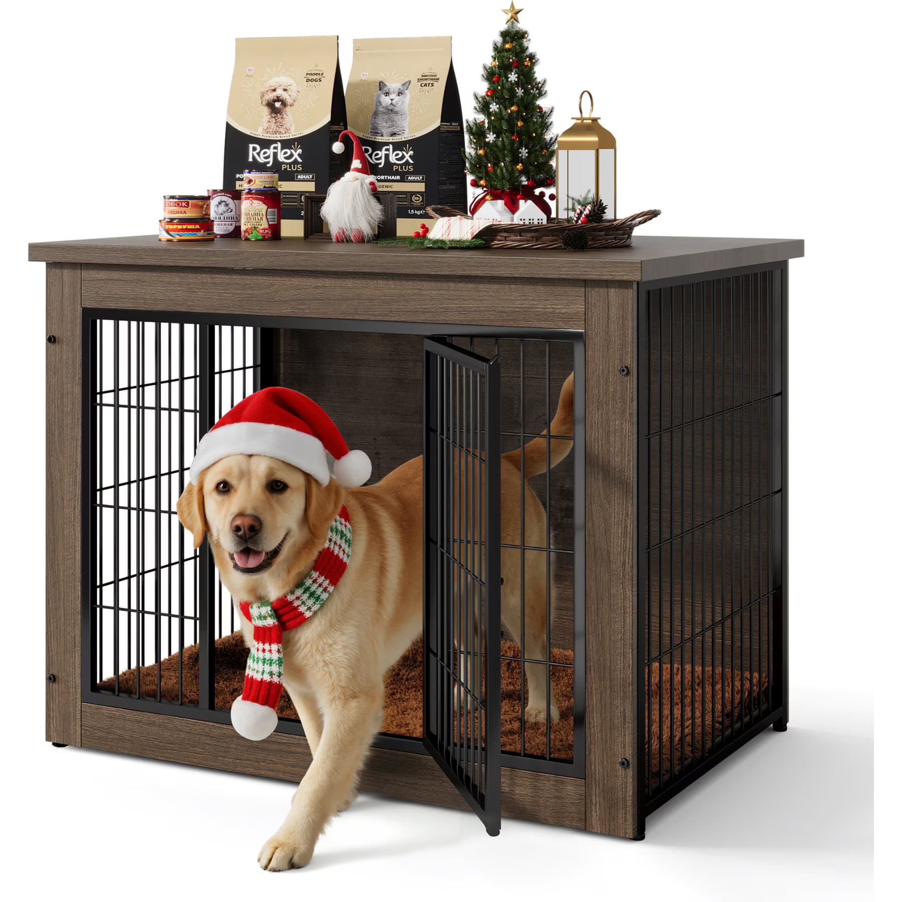 WARCAT WARCAT Wooden Indoor Thick Cushion Double Door Furniture Style Dog Crate, Dark Brown, Medium