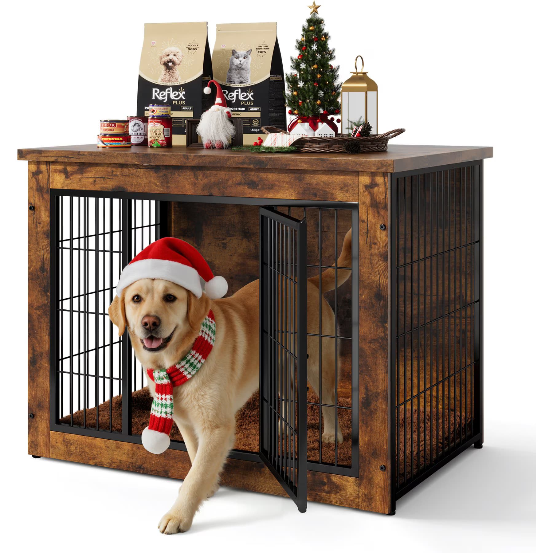 WARCAT Wooden Indoor Thick Cushion Double Door Furniture Style Dog Crate, Brown, Medium — view 2