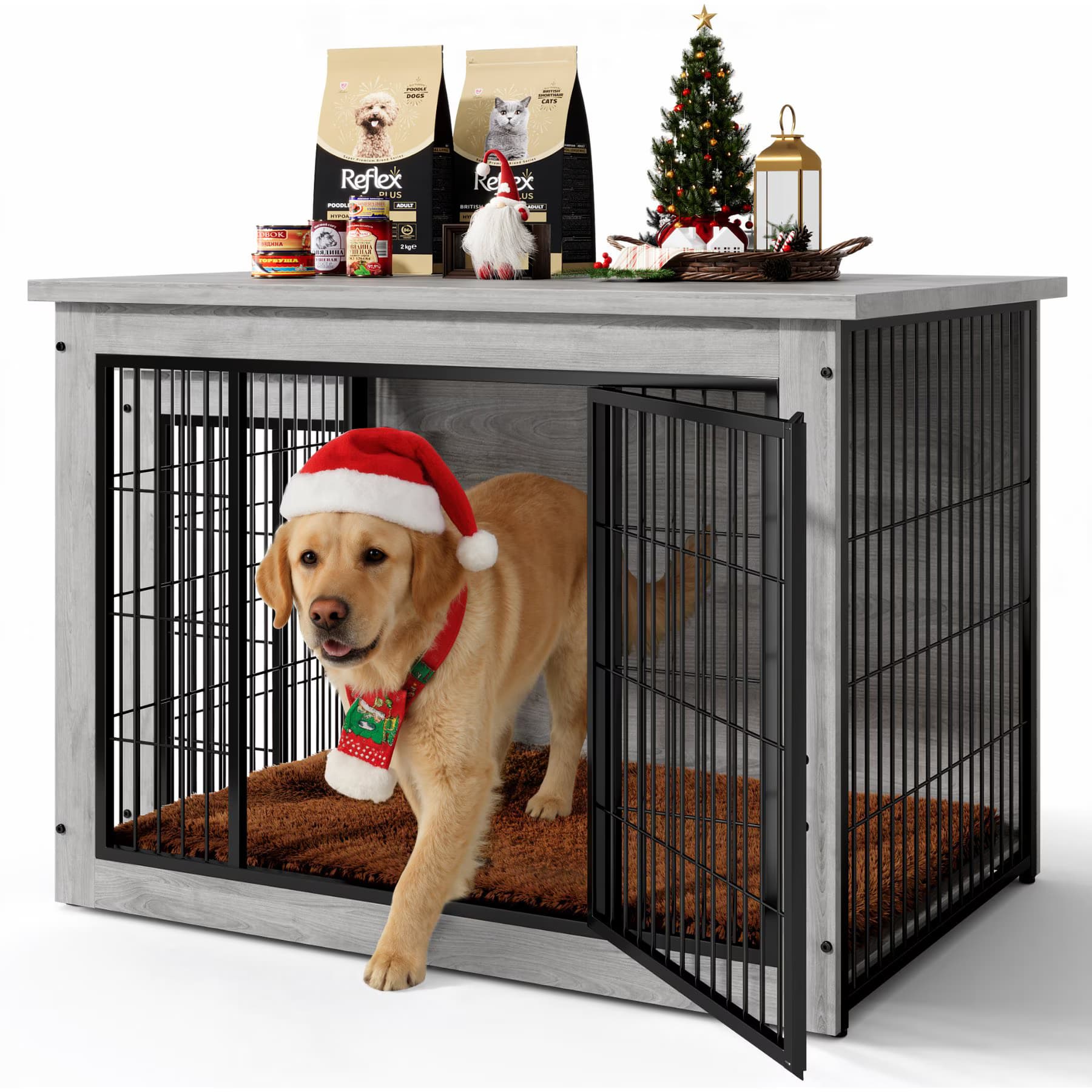 WARCAT WARCAT Wooden Indoor Thick Cushion Double Door Furniture Style Dog Crate, Gray, Medium