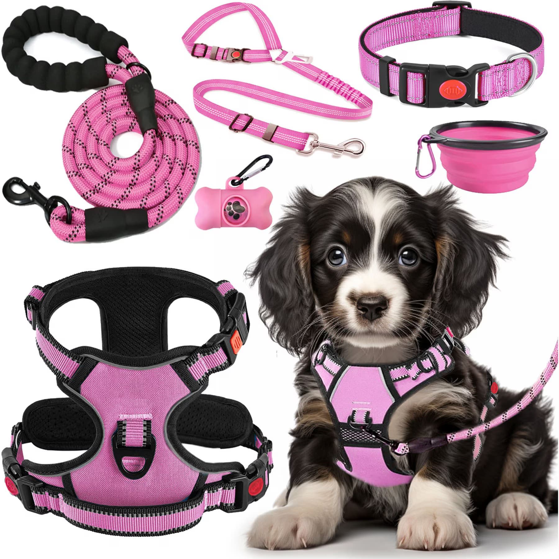 Lobeve Lobeve Reflective Nylon No Pull Training Dog Harness, Collar & Leash Set with Retractable Seat Belt, Collapsible Bowls & Poop Bag Dispenser, Pink, X-Large: 24 to 36-in chest