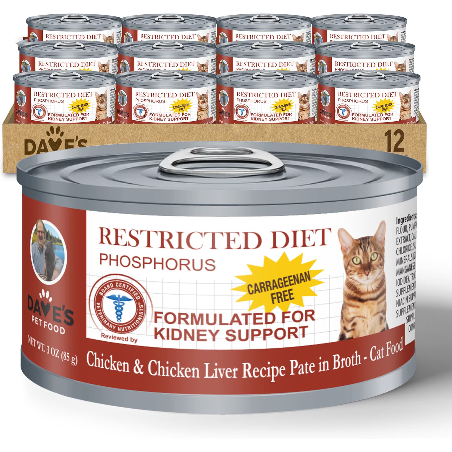 Dave's Pet Food Dave’s Pet Food Restricted Diet Phosphorus Chicken Liver & Chicken in Juice Pate Canned Wet Cat Food, 3-oz