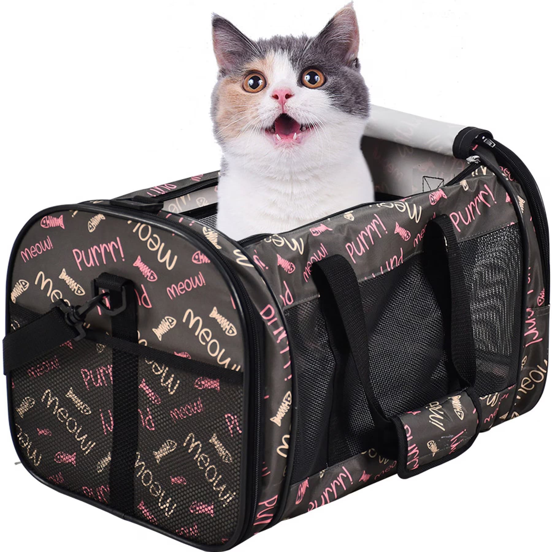 Jespet Jespet & GOOPAWS Soft-Sided Airline-Approved Travel Dog & Cat Carrier, Coffee Fish Print, 19-in