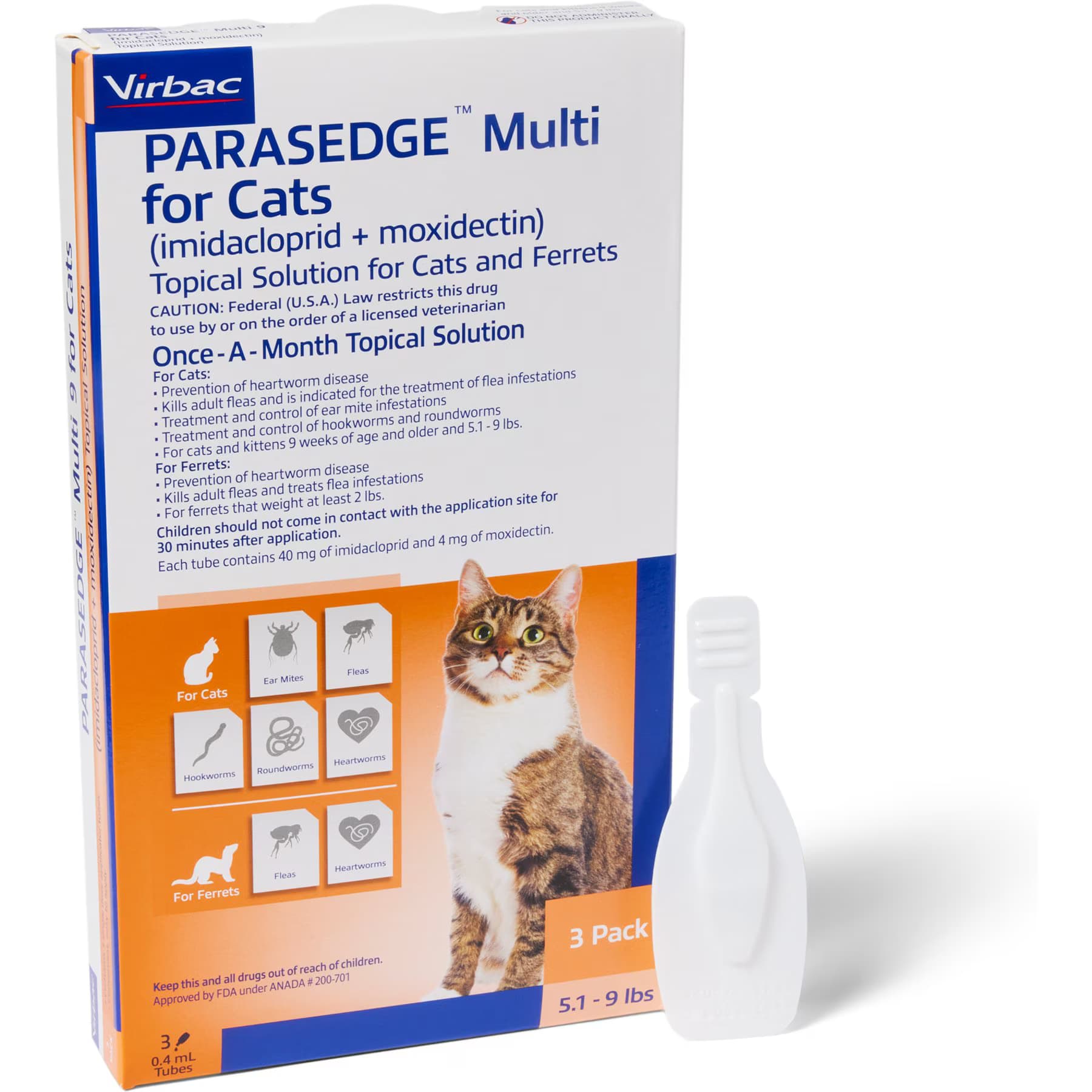 PARASEDGE PARASEDGE Multi Topical Solution for Cats, 5.1-9 lbs (Orange Box), 3 Doses (3-mos. supply)