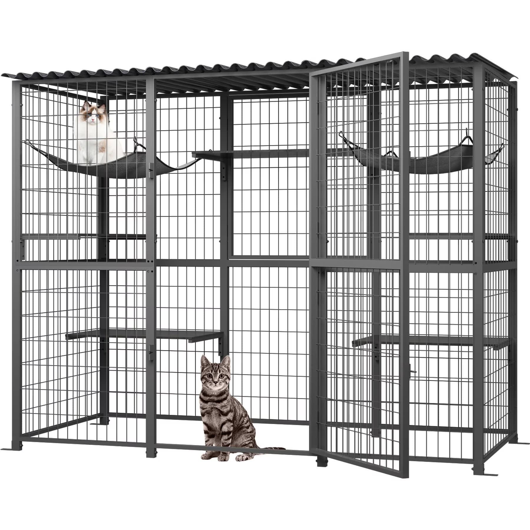 LovMor LovMor Metal Catio Outdoor Waterproof Roof Cat Enclosure with Platforms & Hammocks, 70.1 x 21.65 x 61-in, Grey