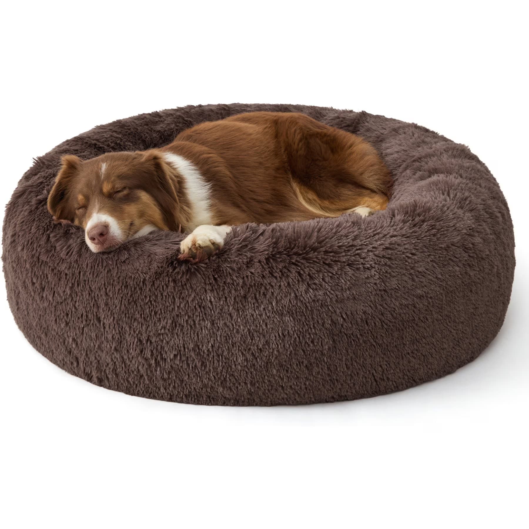 Bedsure Bedsure Plus Version Calming Fluffy Plush Faux Fur Supported Donut Bolster Dog Bed, Dark Brown, X-Large