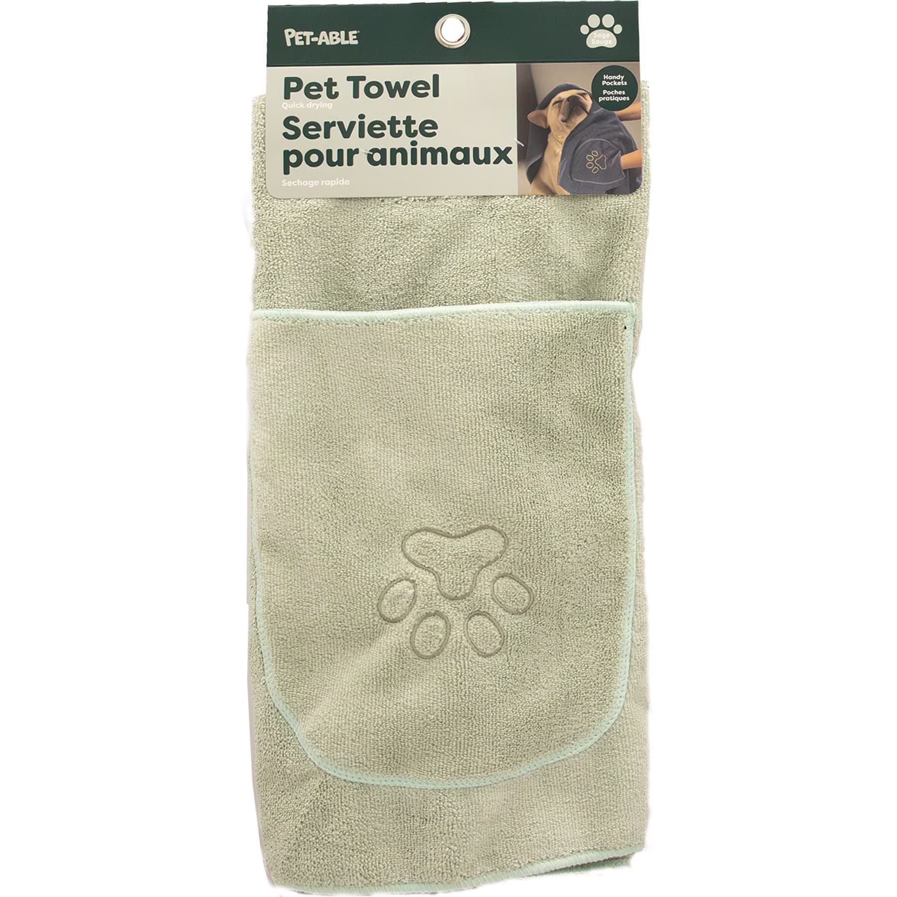 Pet-Able Pet-Able Flufftastic Dog Towel with Hand Pockets, Sage