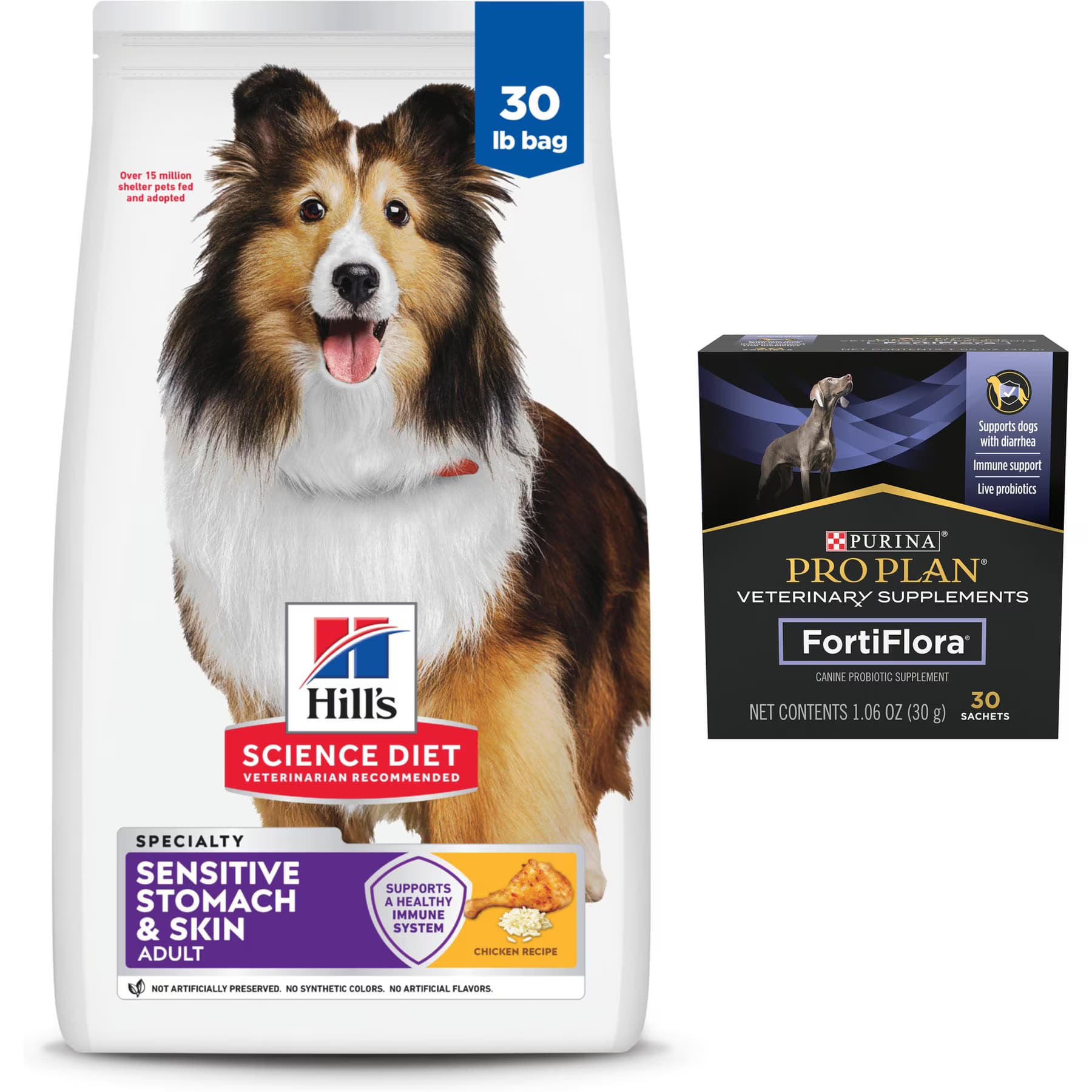 Hill's Science Diet||Purina Pro Plan Veterinary Diets Hill’s Science Diet Sensitive Stomach & Skin Chicken & Barley Recipe Dry Food + Purina Pro Plan Veterinary Diets FortiFlora Powder Digestive Supplement for Dogs