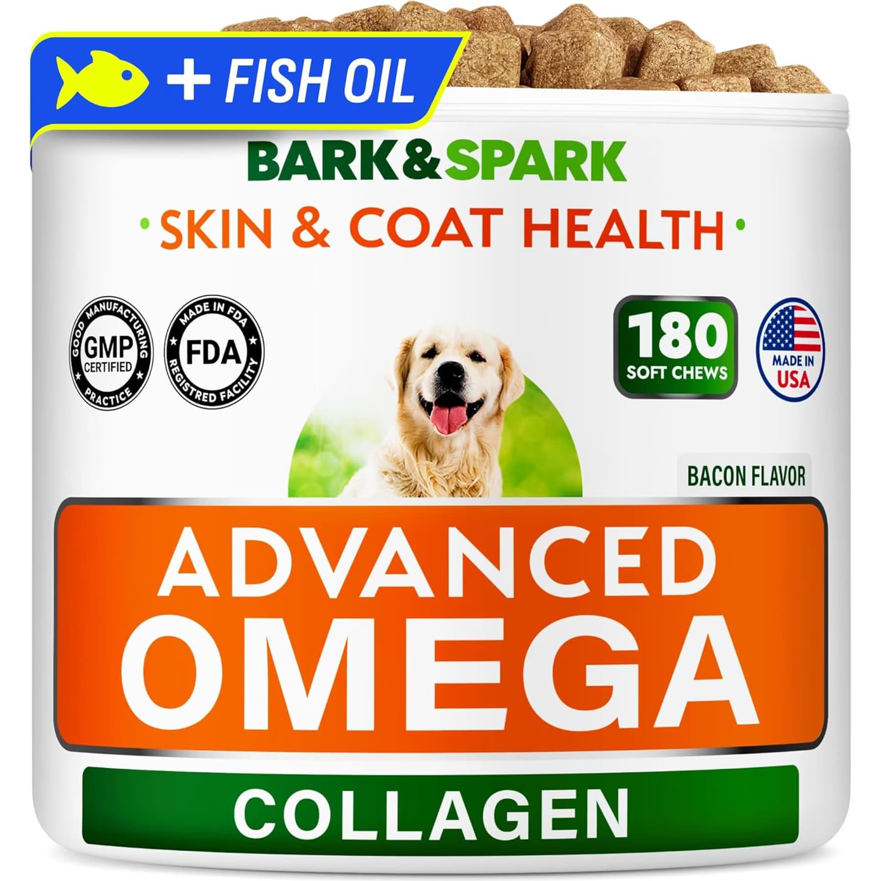 Bark&Spark Bark&Spark Advanced Omega-3 with Collagen & Salmon Oil Hip, Joint, Skin & Coat, Itch & Allergy Relief Chew Supplement for Dogs